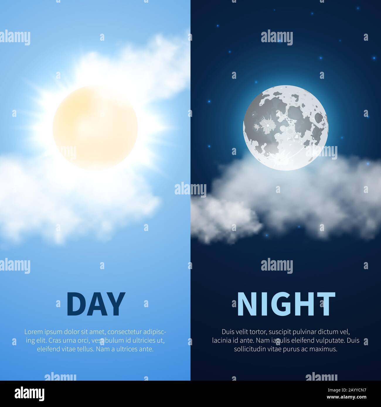 Day and night vector time concept background with sun and moon icons. Weather with sun day and moon night. Illustration banner sun and moon with cloud Stock Vector
