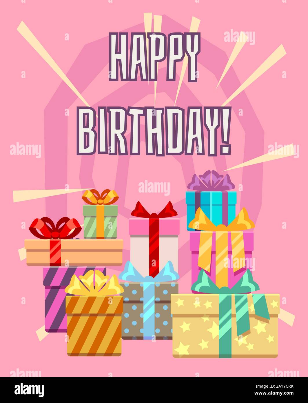 Happy birthday greeting card with a heap of gift boxes. Package gift to