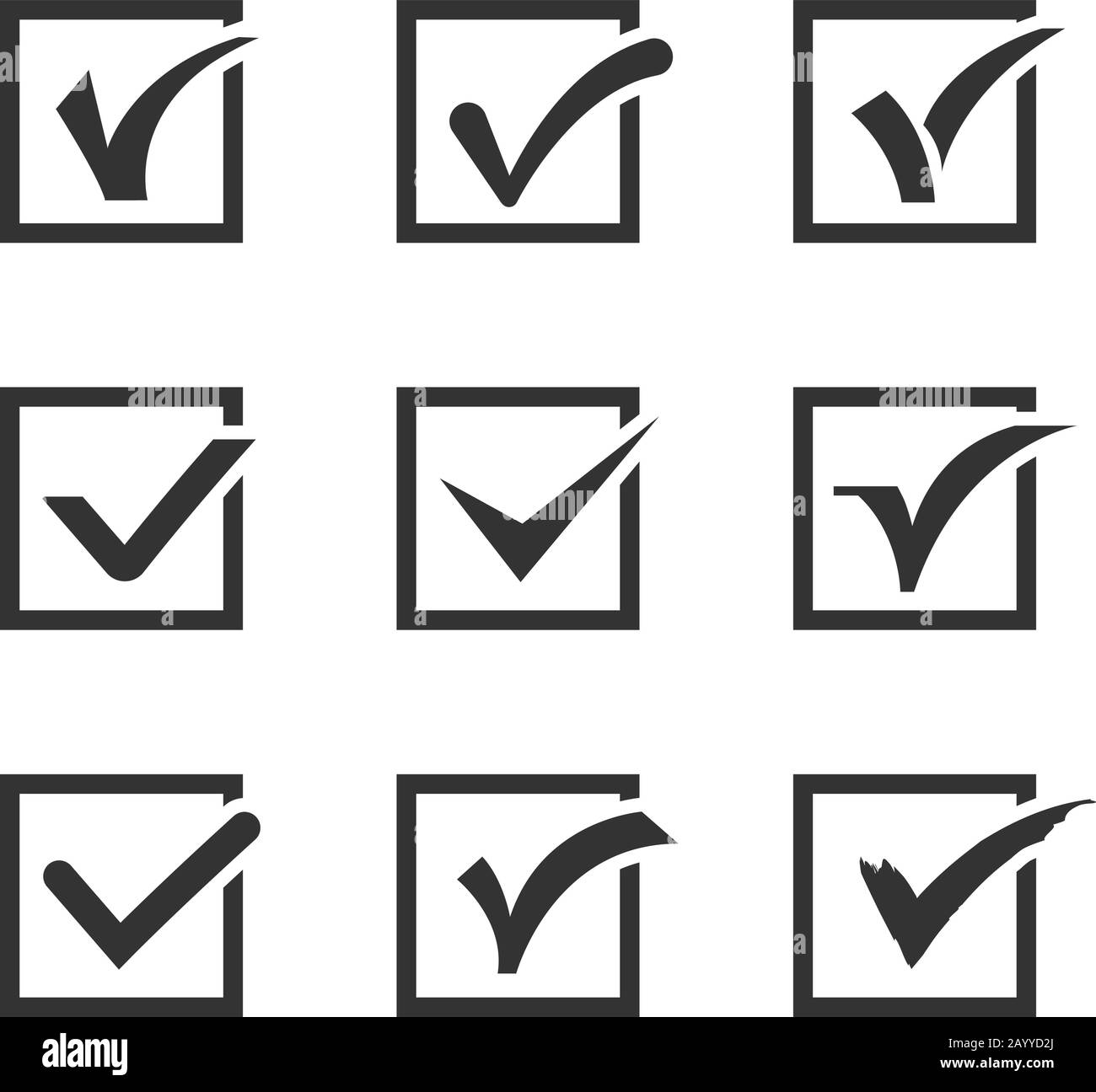 Check marks, ticks in boxes confirmation, positive vector icons. Positive check choice and vote correct positive illustration Stock Vector