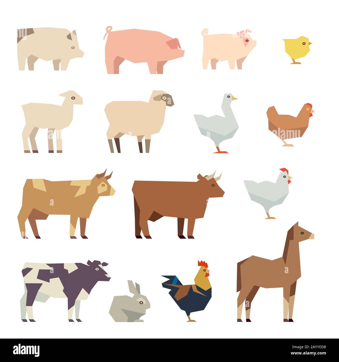 Farm animals vector flat icons. Set of animals cow and sheep, chicken ...