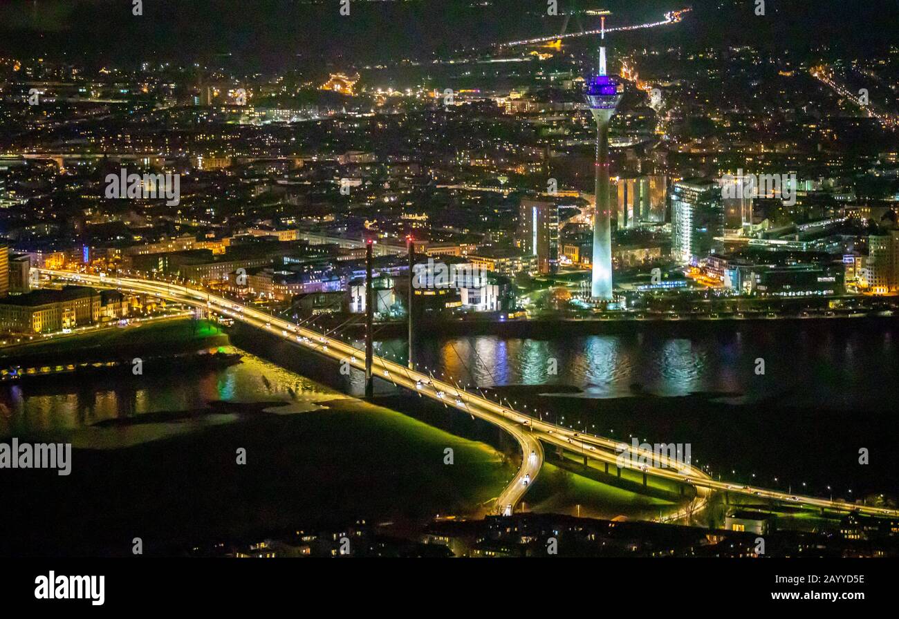 Luftbild, Medienhafen Düsseldorf am Rhein,Rheinkniebrücke, Fernsehturm,  Stadtbezirk 04, Düsseldorf, Rheinland, Nordrhein-Westfalen, Deutschland, DEU, Stock Photo