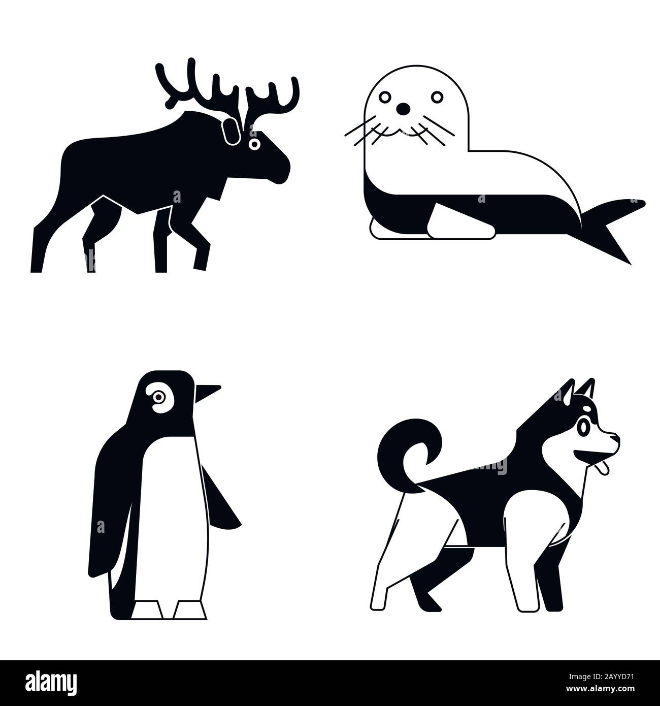 Polar animals in simple monochrome style on white shadow. Vector illustration Stock Vector