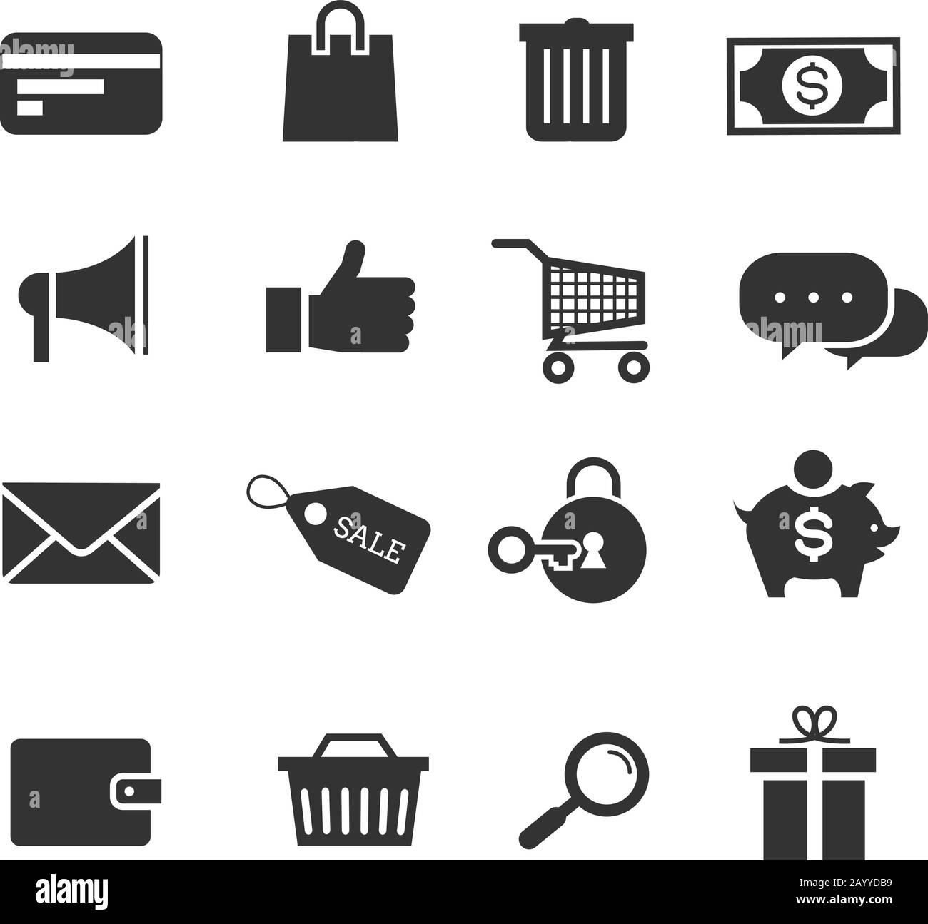 E-commerce shopping vector icons set. Money and sale tag, basket for purchase illustration Stock Vector