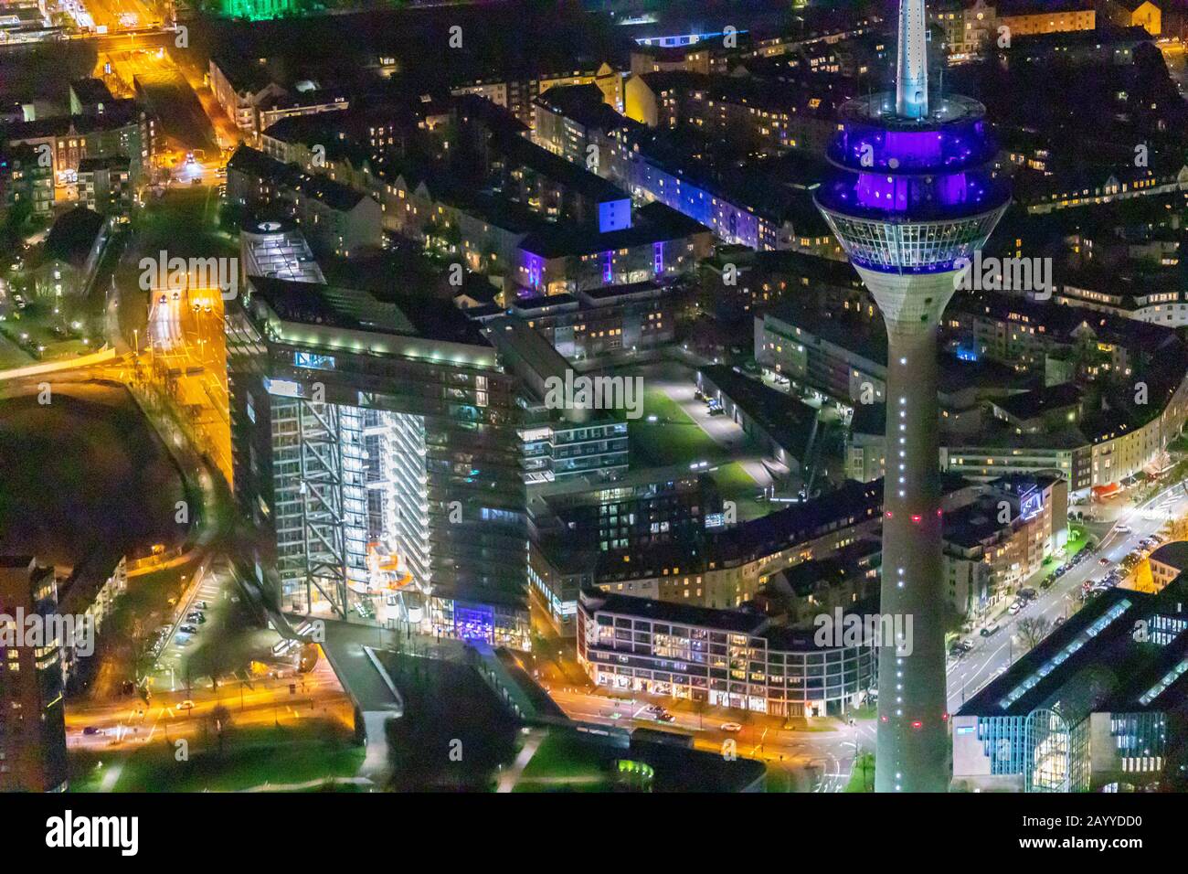 aerial photo, television tower, state parliament,, media harbour Düsseldorf am Rhein, city district 04, Düsseldorf, Rhineland, North Rhine-Westphalia, Stock Photo