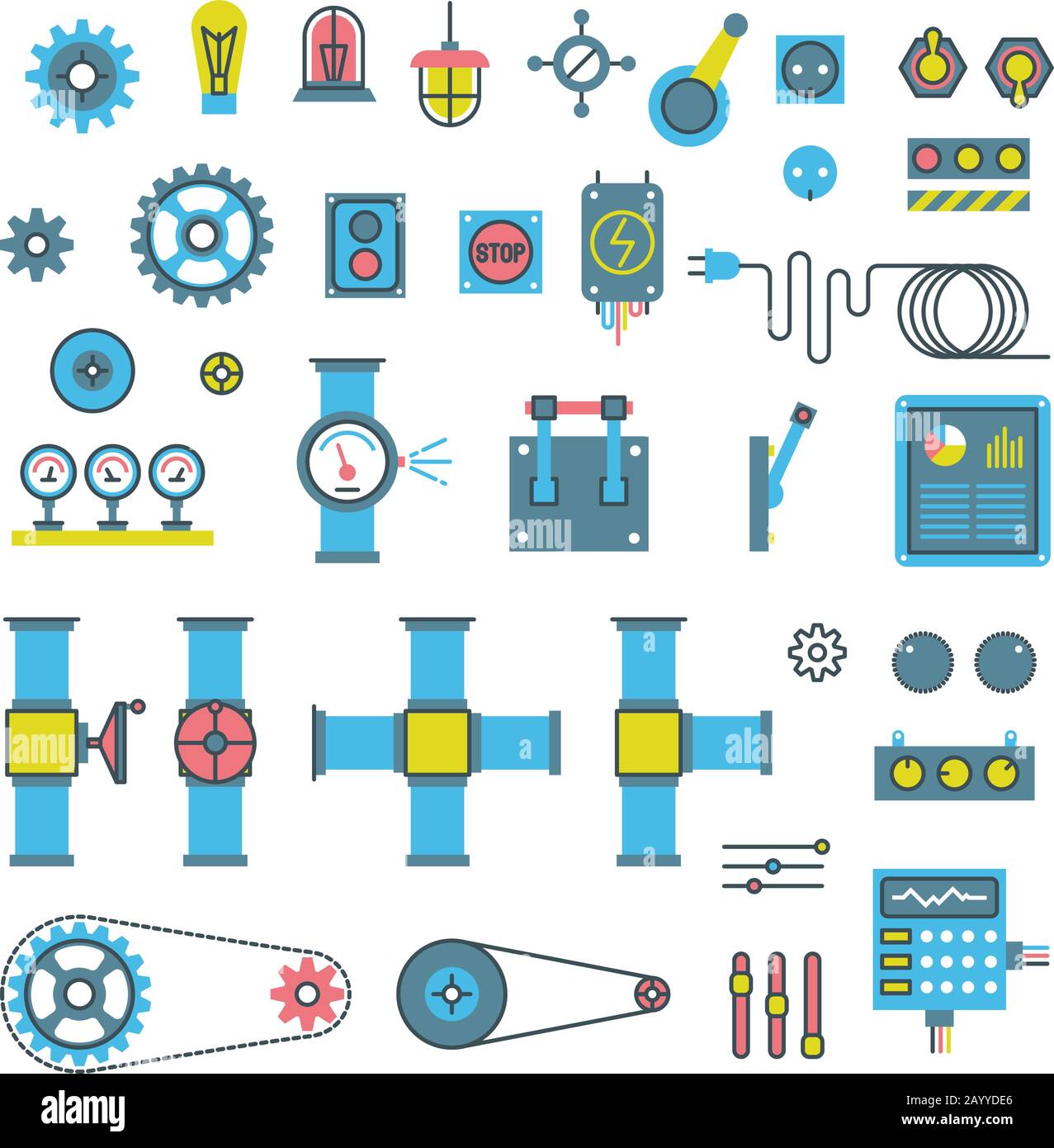 Machinery parts flat vector icons. Machinery gear for industry, wheel