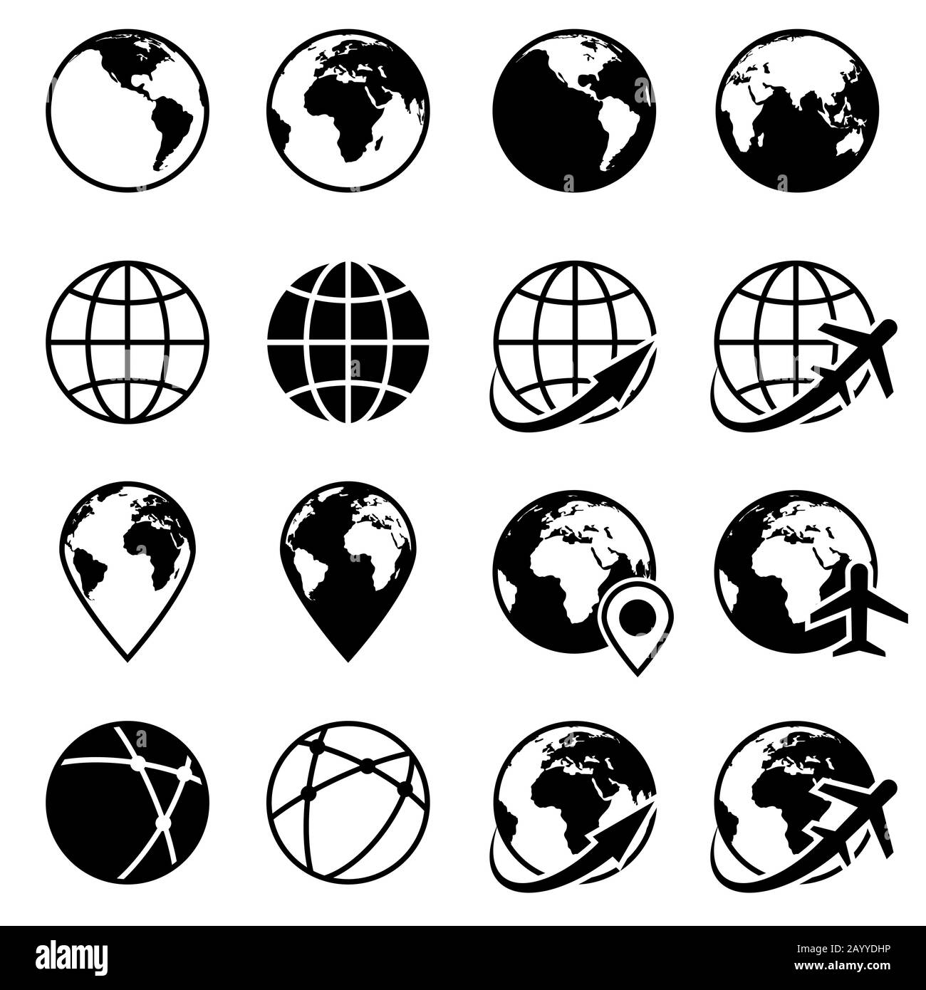 Vector black earth globe icons. Planet globe monochrome and world globe of set illustration Stock Vector