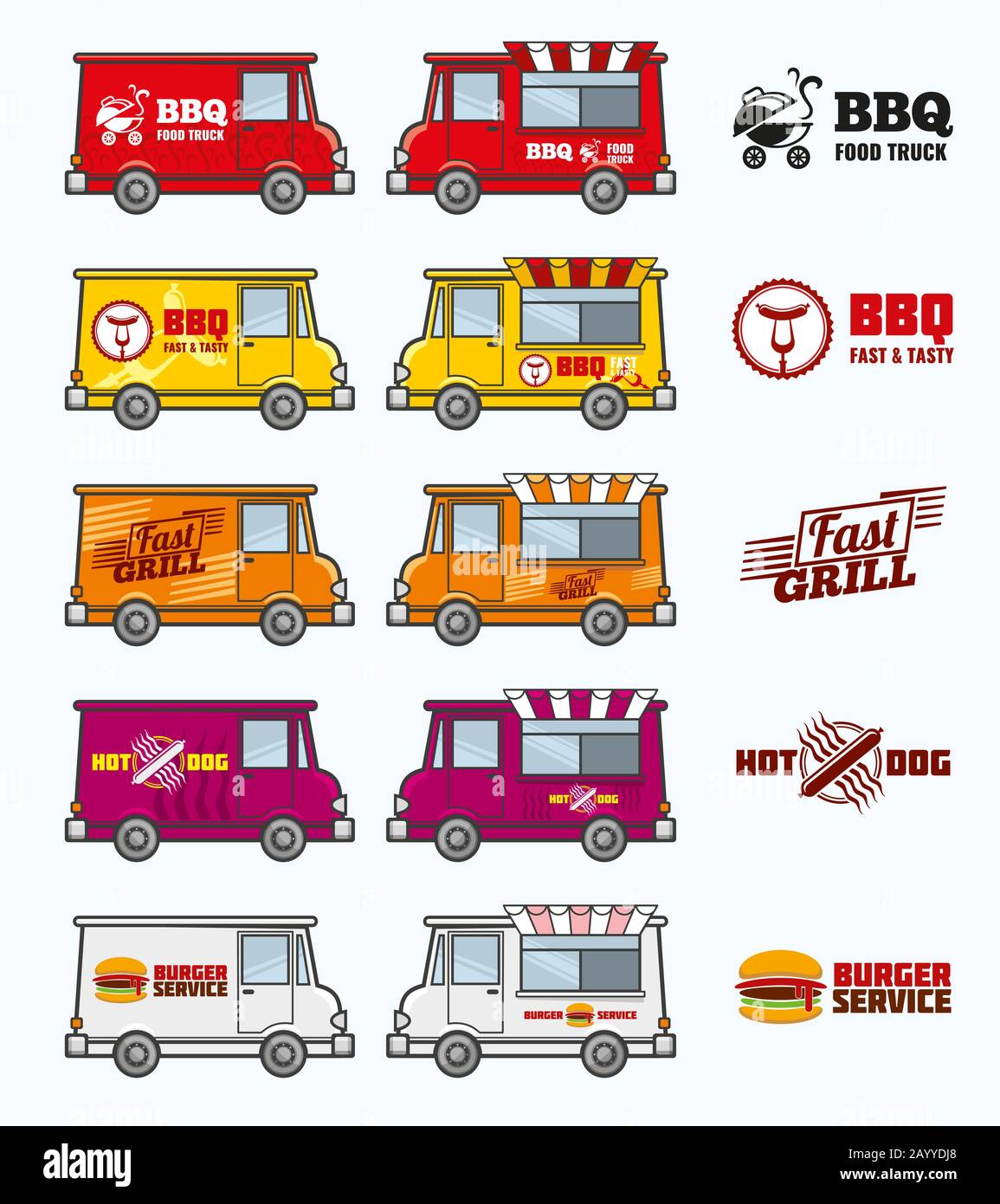 Food trucks vector set. Food car and lunch food service. Van restaurant transport illustration