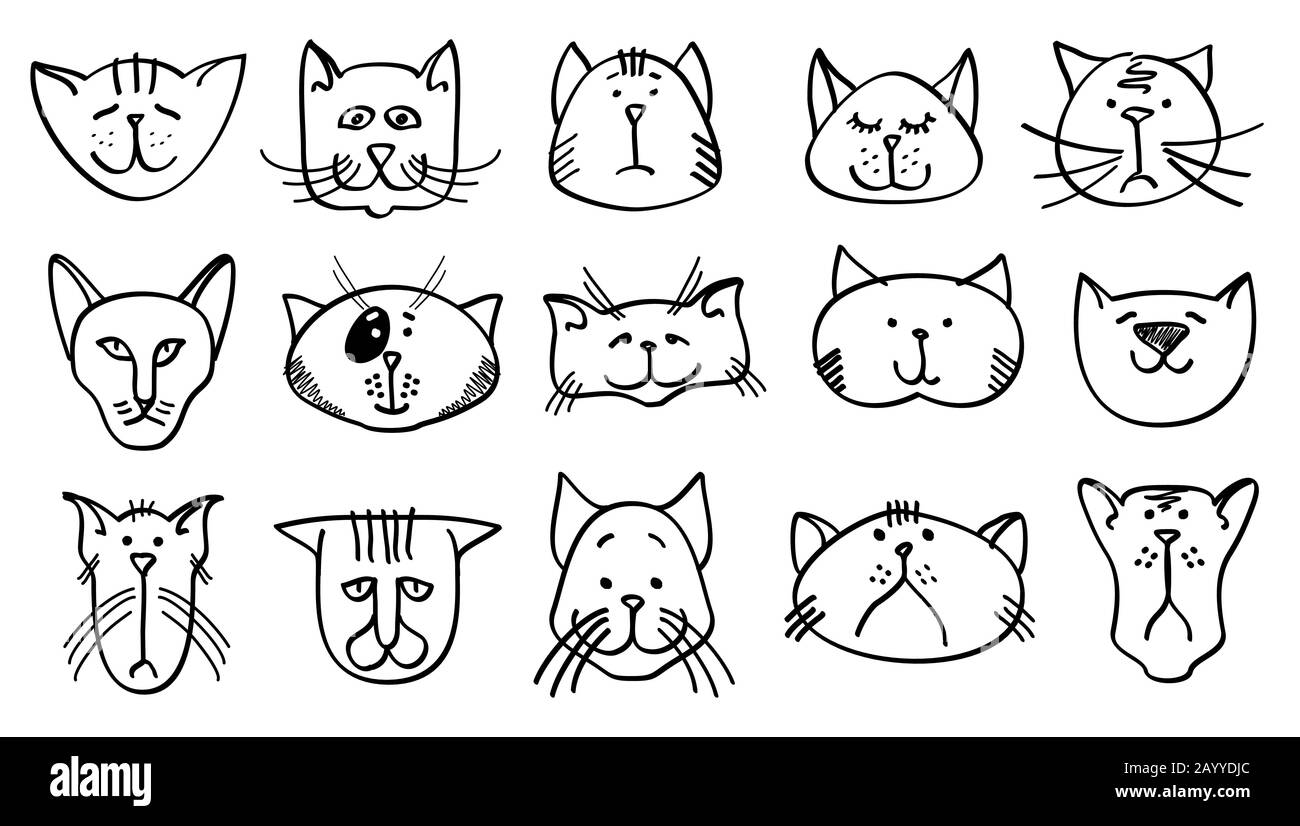 Cute Cat Heads In Hand Drawn Style Cat Animal Set And Sketch Drawing Cat In Linear Style Vector Illustration Stock Vector Image Art Alamy