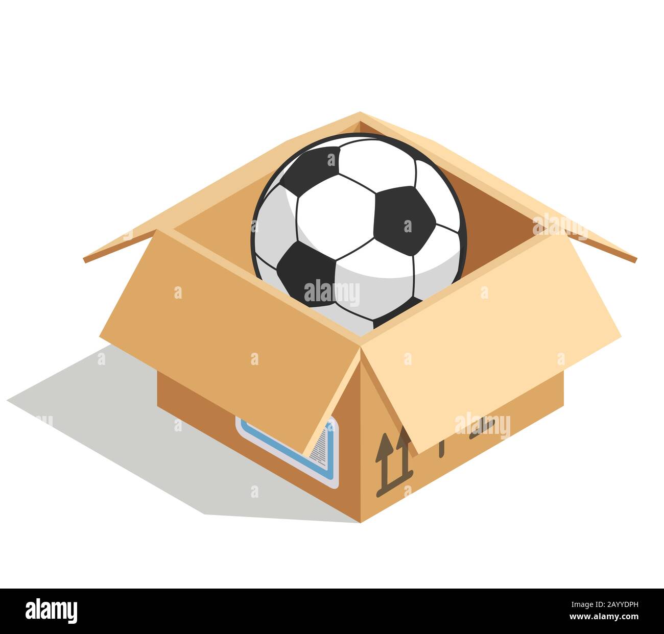 Soccer ball in a box isolated over white. Product for soccer store, vector illustration Stock Vector