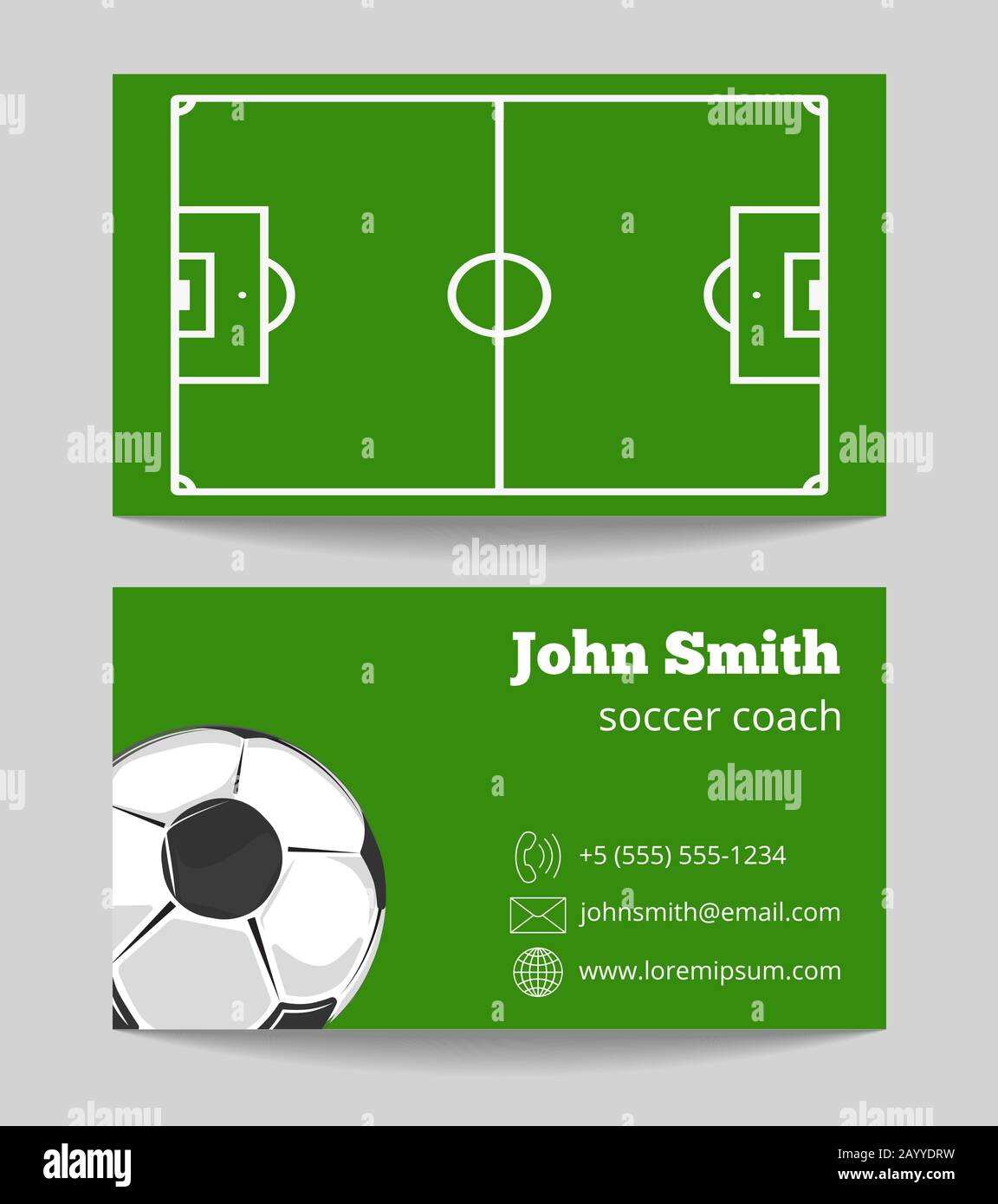 Soccer green field business card template. Football field on card, vector illustration Stock Vector