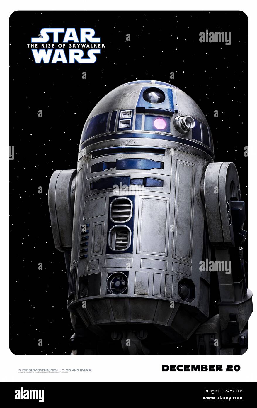 Star Wars: The Rise of Skywalker (2019) directed by J.J. Abrams, the astromech droid R2-D2 returns in the final chapter of the Skywalker trilogy. Stock Photo