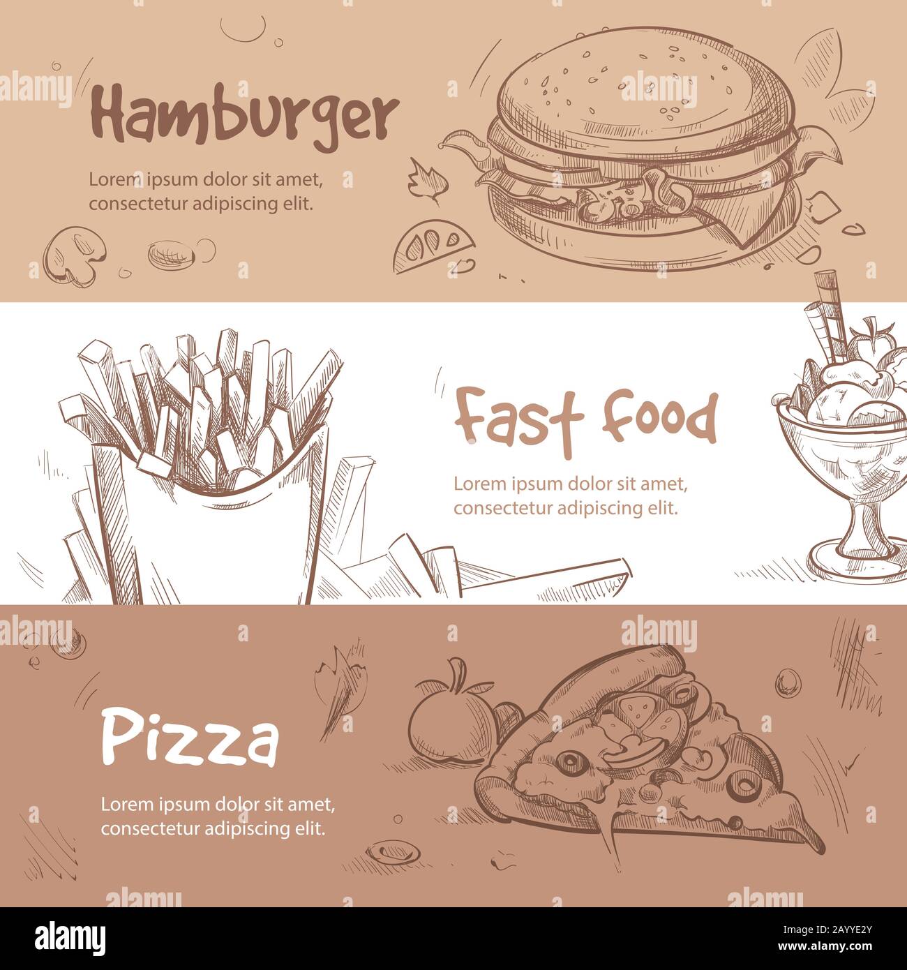 Vector banners of fast food design in hand drawn style. Bannner fast food and pizza for menu, illustration breakfast fast food Stock Vector