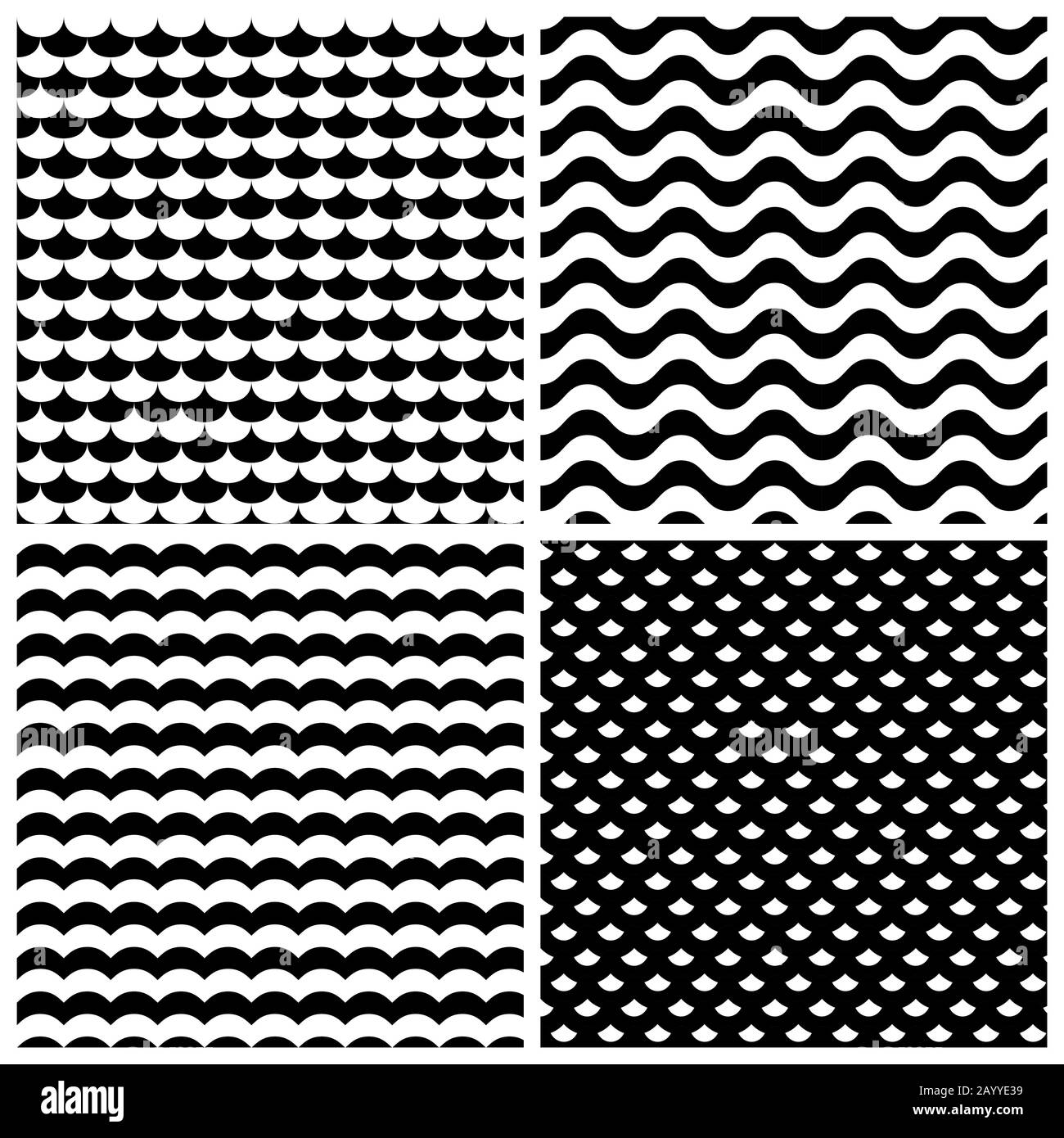 Waves patterns set in black and white. Background wave texture, vector illustration Stock Vector