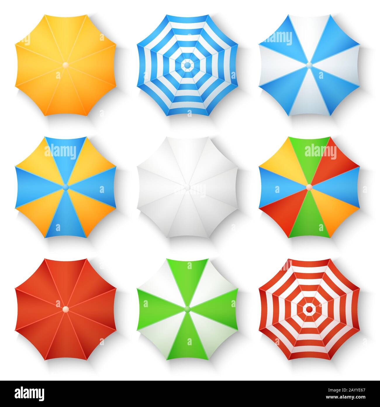 Beach sun umbrellas top view vector icons. Set of parasol with colored striped pattern illustration Stock Vector