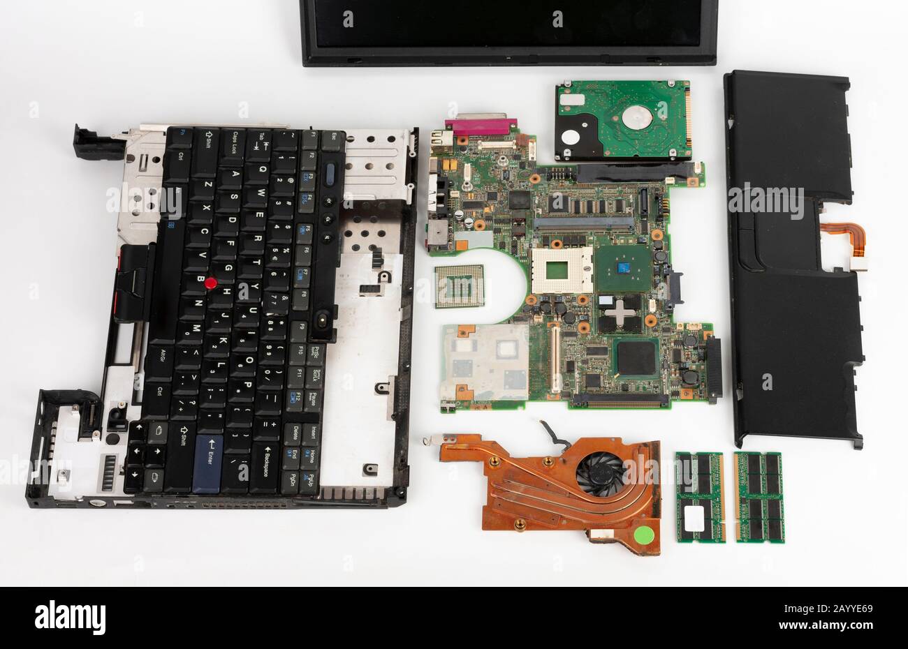 Disassembled laptop, basic components of notebook, screen, keyboard