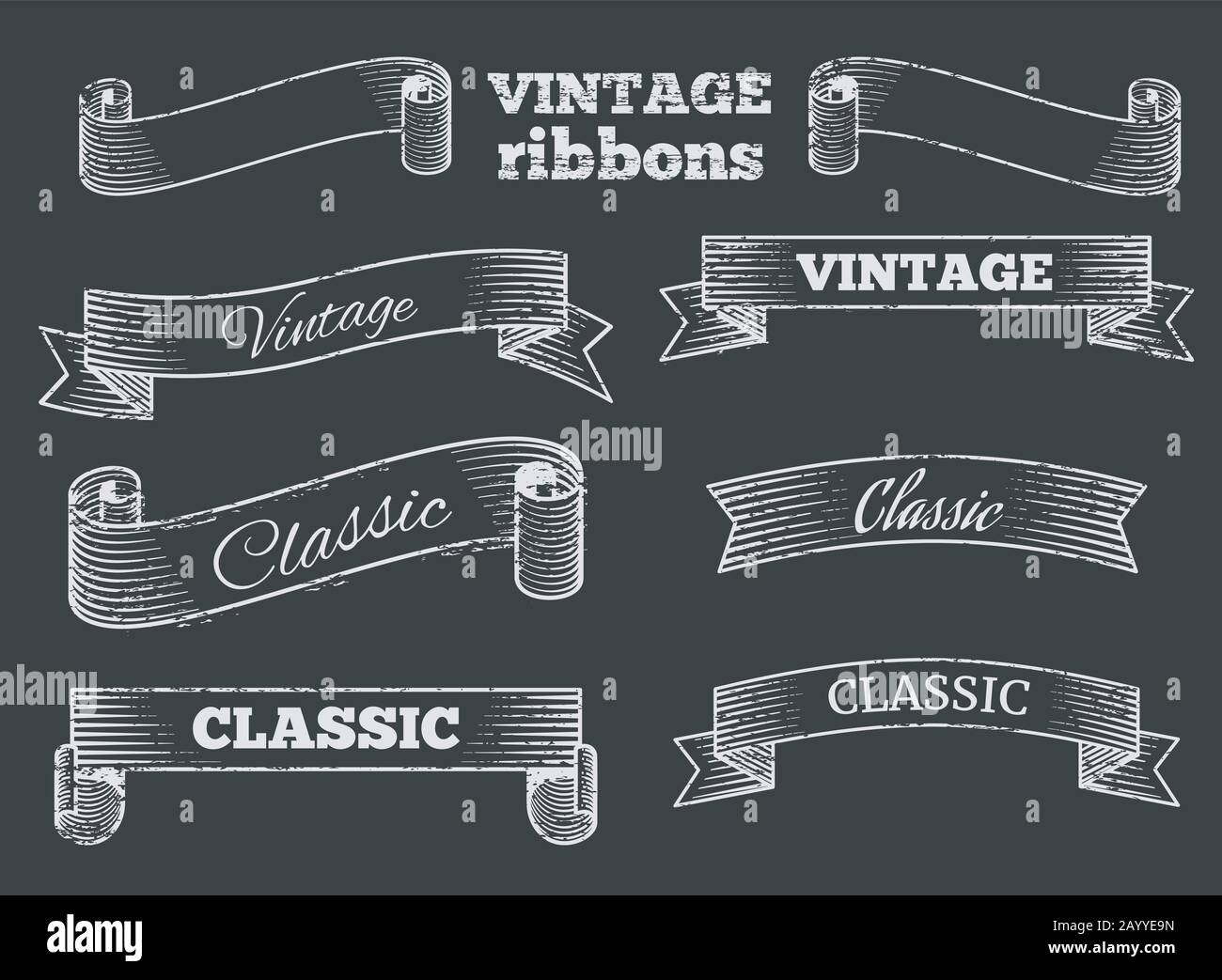 Hand drawn vector retro ribbon banners on blackboard. Set of template vintage elements illustration Stock Vector
