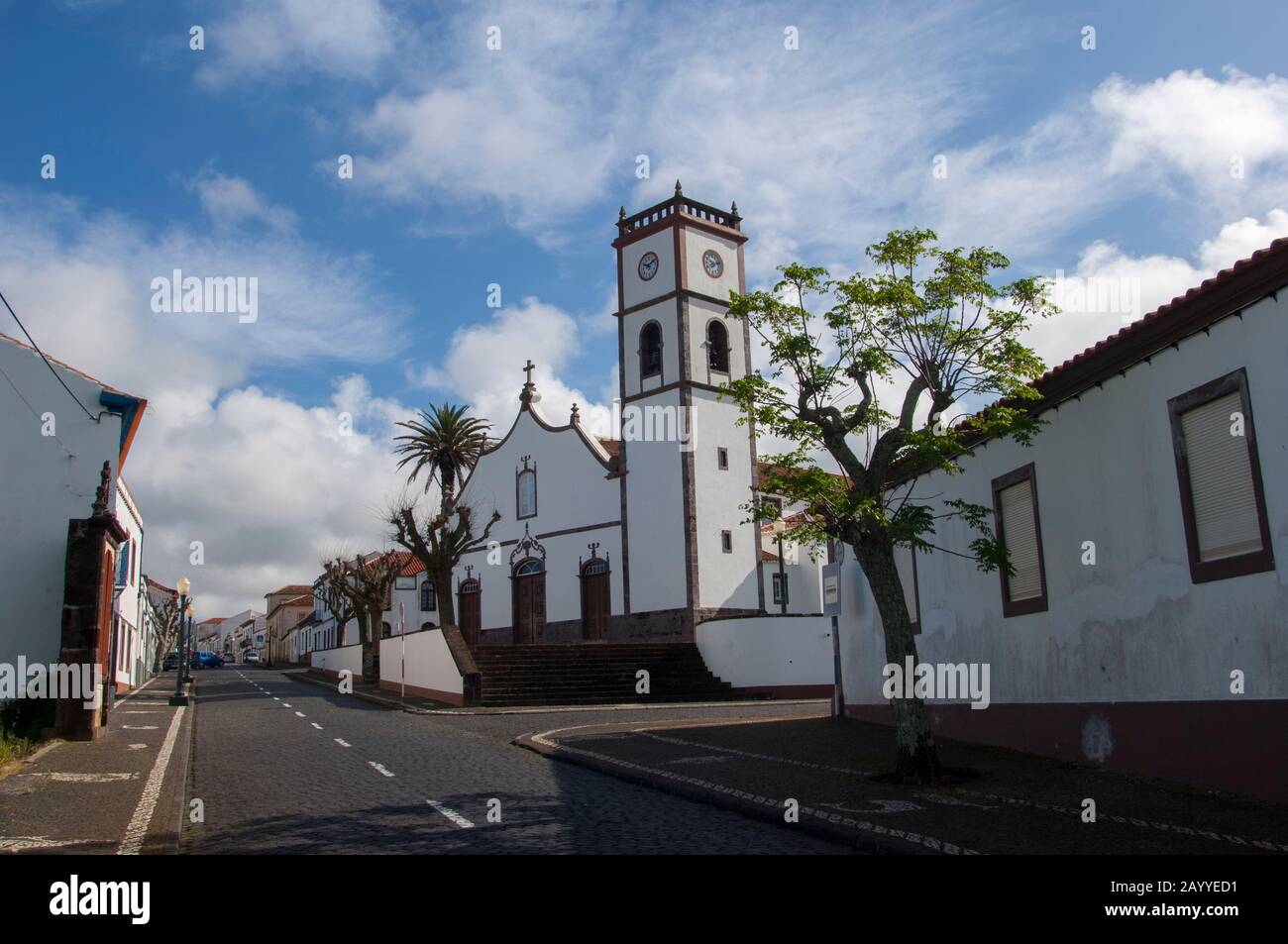 Street Scene With The Church Nossa Senhora Da Assuncao In Vila Do Porto On Santa Maria Island In The Azores Portugal Stock Photo Alamy