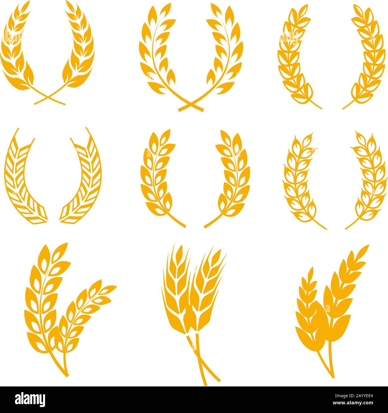 Rye wheat ears wreaths vector elements for bread and beer labels and logos. Harvest cereal golden rye illustration Stock Vector