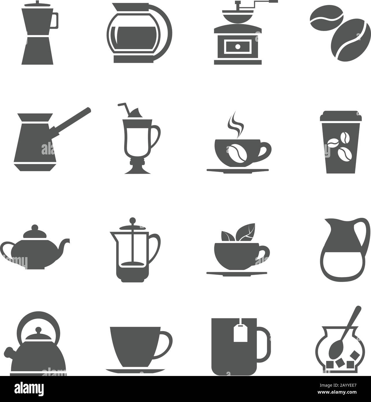 Coffee cup and tea vector icons. Cup with hot cappuccino, big mug with espresso to breakfast illustration Stock Vector