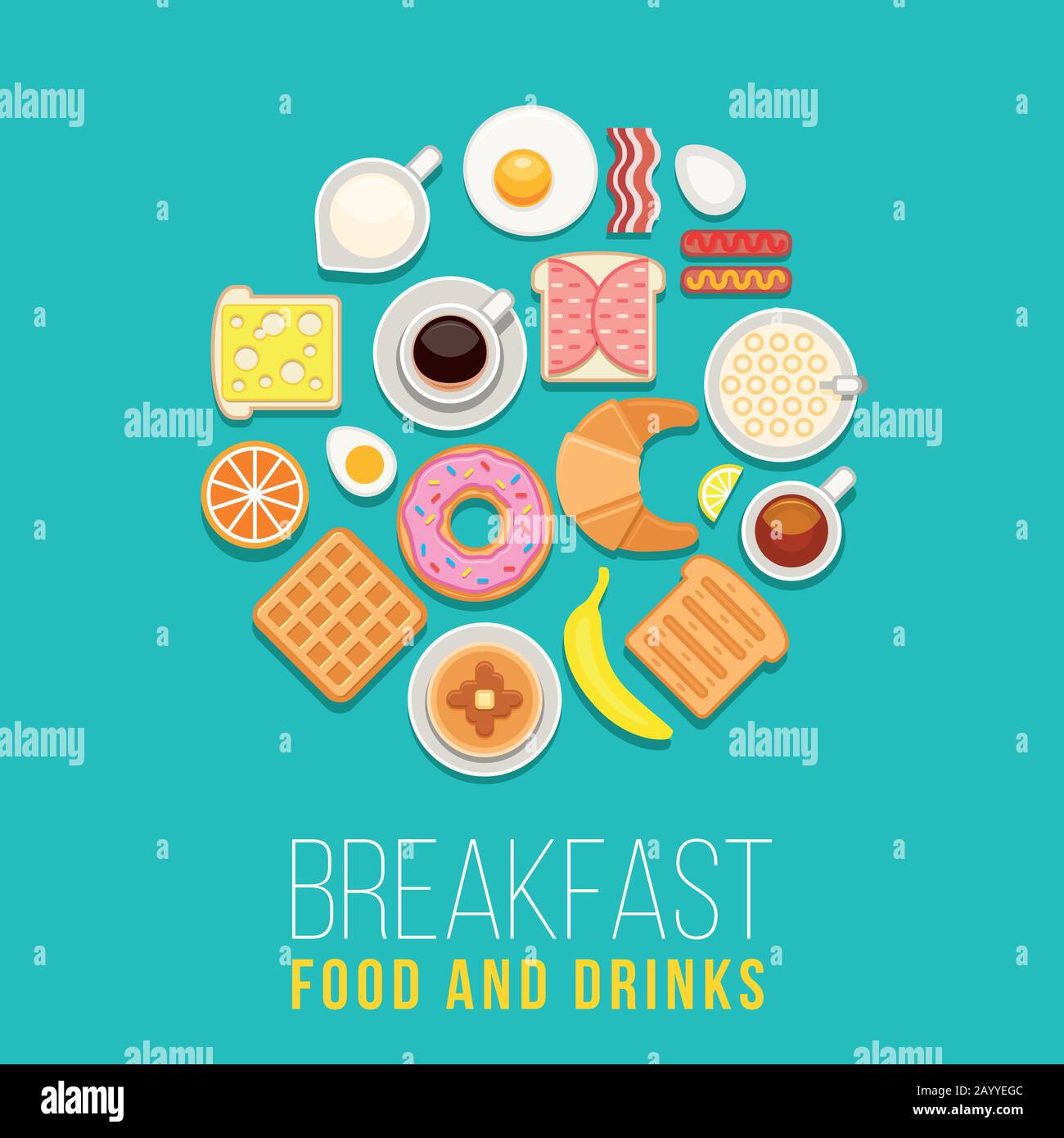 Vector breakfast concept with food and drinks with flat icons in circle composition. Breakfast composition sandwich and omelette, breakfast food bakery illustration Stock Vector