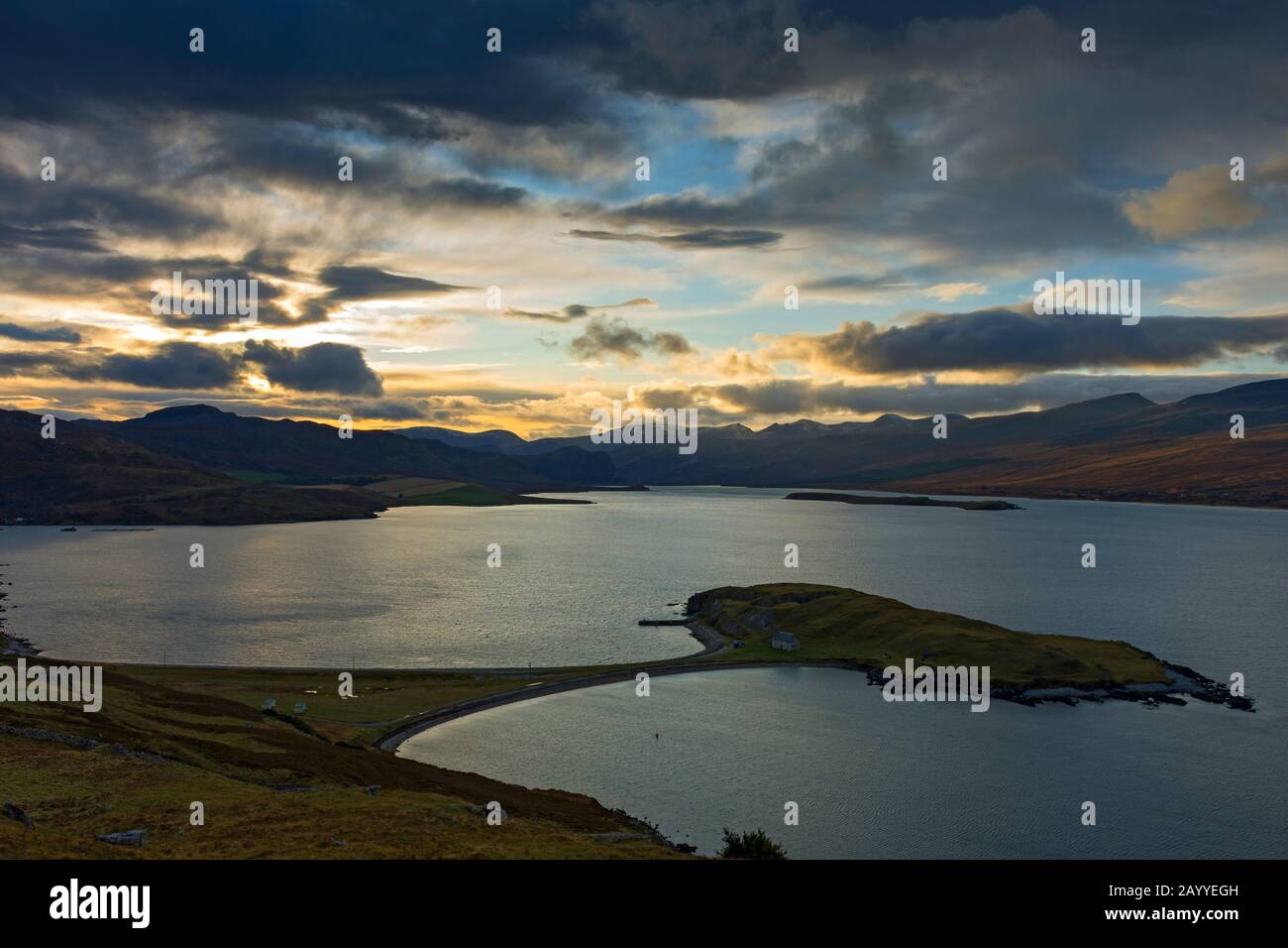 The promontory of Àrd Neackie and its connecting tombolo, at Loch Eriboll, Sutherland, Scotland, UK. Stock Photo