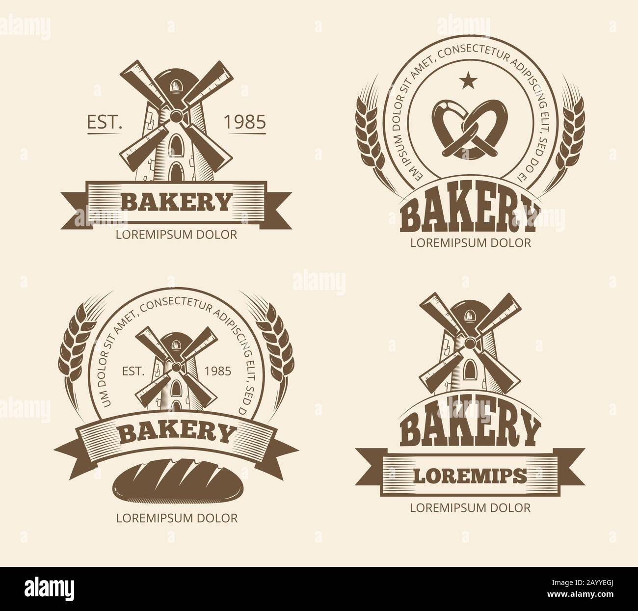 Vintage bakery and bread shop logos labels badges emblems. Bakery logo for shop, emblem with windmill for bakery. Vector illustration Stock Vector