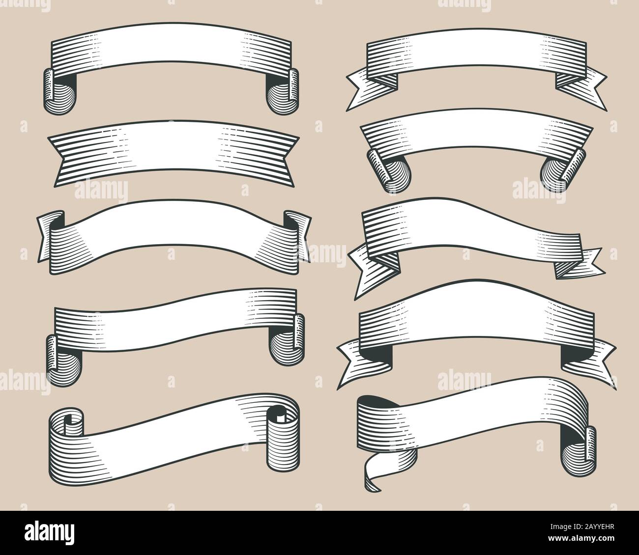 Retro ribbon banners in hand drawn engraving style vector. Collection of  ribbon with scroll, illustration template vintage ribbons Stock Vector  Image & Art - Alamy