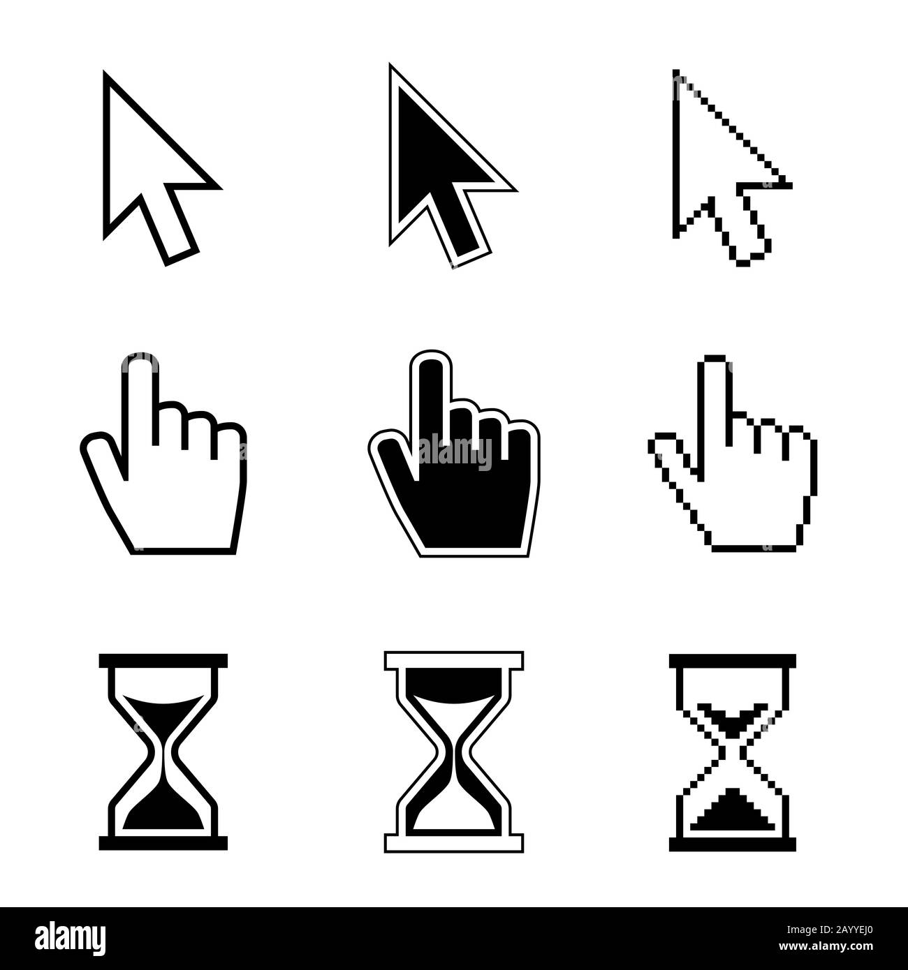 Pixel cursor pointer, hand, arrow, hourglass, click, press vector icons. Cursor symbol, hand arrow cursor icon of set illustration Stock Vector