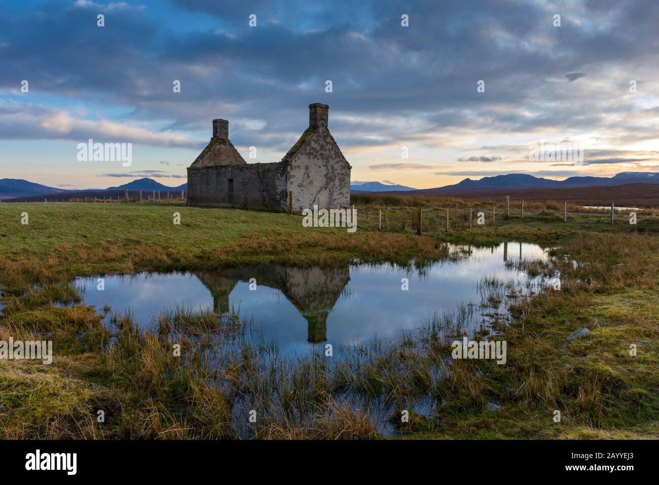 The derelict cottage of Moine House on the peninsula of A' Mhòine, Sutherland, Scotland, UK. Stock Photo