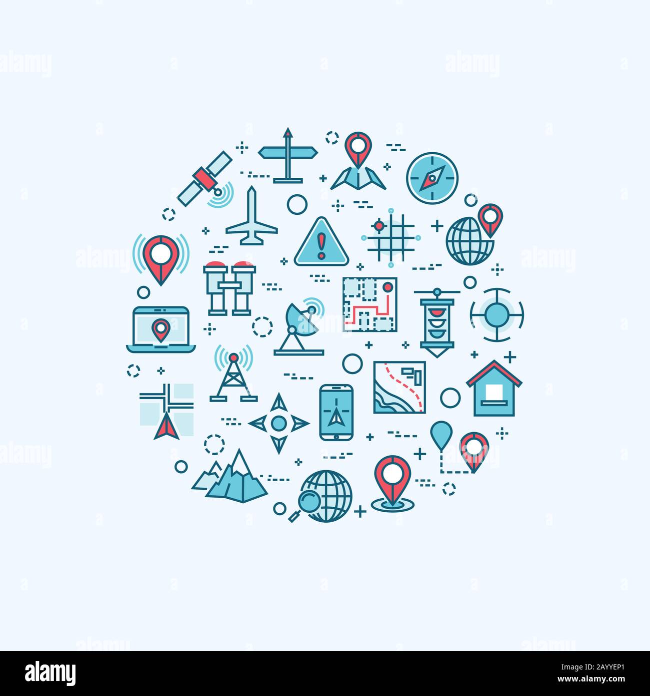 Cartography and topography line icons in maps location and navigation vector concept. Travel navigation icons and geography gps navigation signs in shape of circle Stock Vector