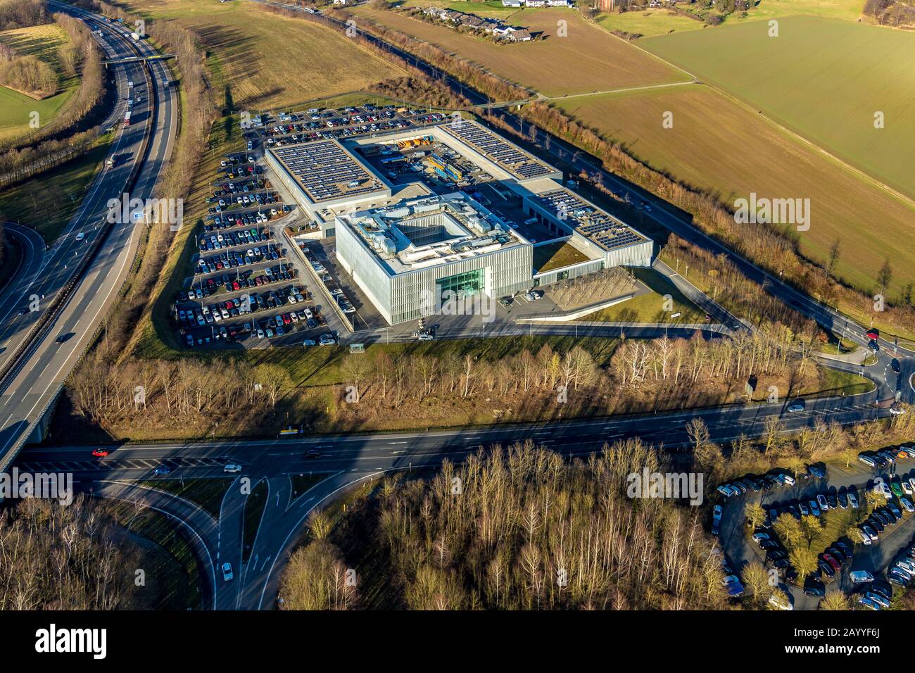 Aerial photograph, ENERVIE - Südwestfalen Energy and Water AG, ADUG - Arbeits-Daten-Umwelt-Gesundheitsschutz GmbH, Emst, Hagen, Ruhr Area, North Rhine Stock Photo