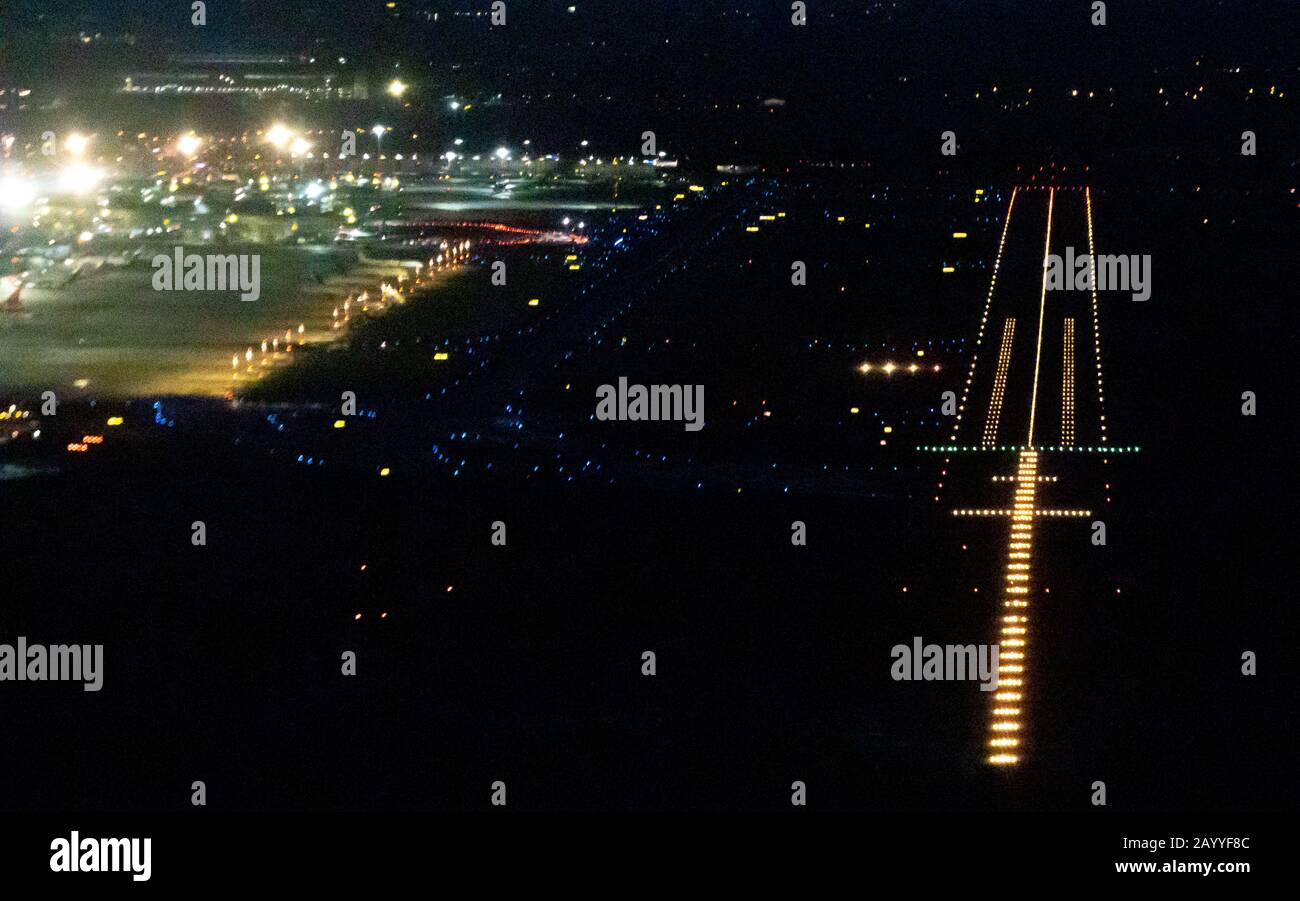 Aerial photo, Düsseldorf Airport, Airport Düsseldorf EDDL, runway, terminal, handling finger, airport at night, runway, runway lighting, tower, contro Stock Photo