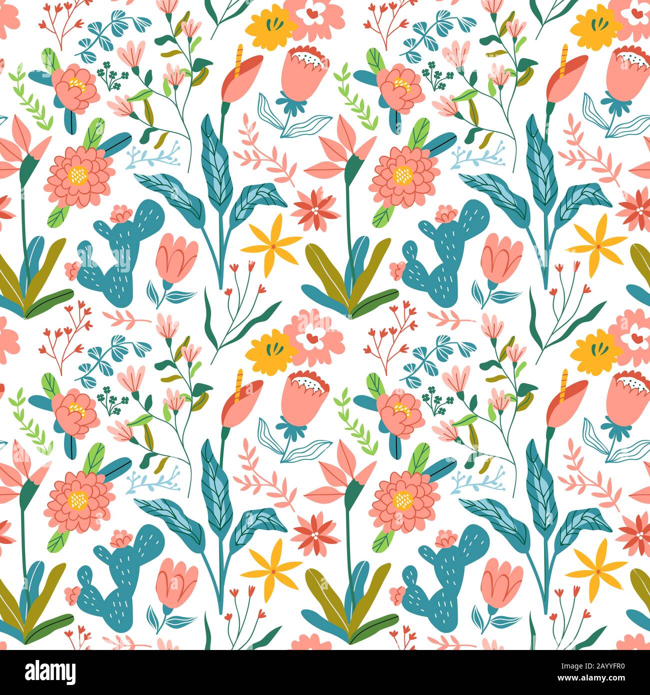Beautiful flower seamless pattern with vintage style floral hand drawn decoration. Includes rose, cactus, tulip flowers and spring elements on white b Stock Vector