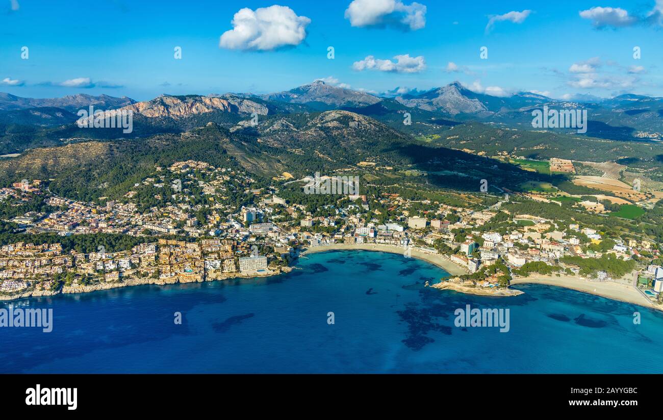 Aerial view, Playa Peguera, beach and hotel complexes, Tramuntana ...