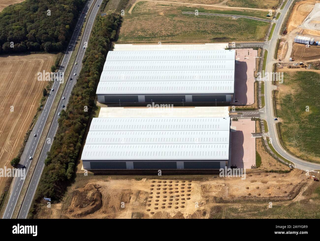 NHS Supply Chain Logistics warehouse in lower half of image in Suffolk, near Bury St Edmunds, UK Stock Photo