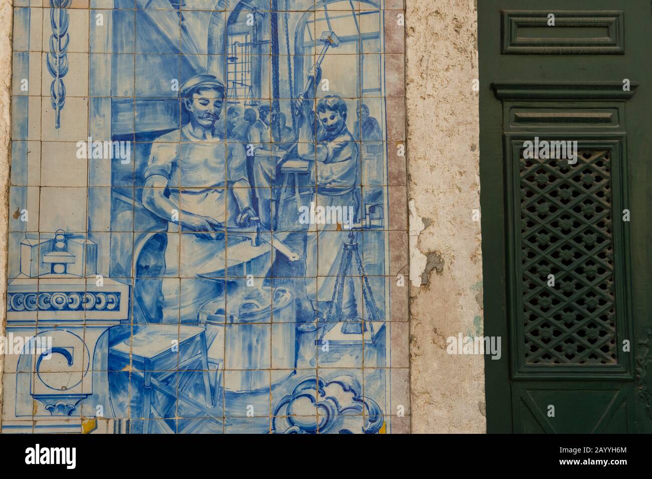Tiles on a house in the traditional Alfama, the old quarter of, Lisbon, the capital city of Portugal. Stock Photo