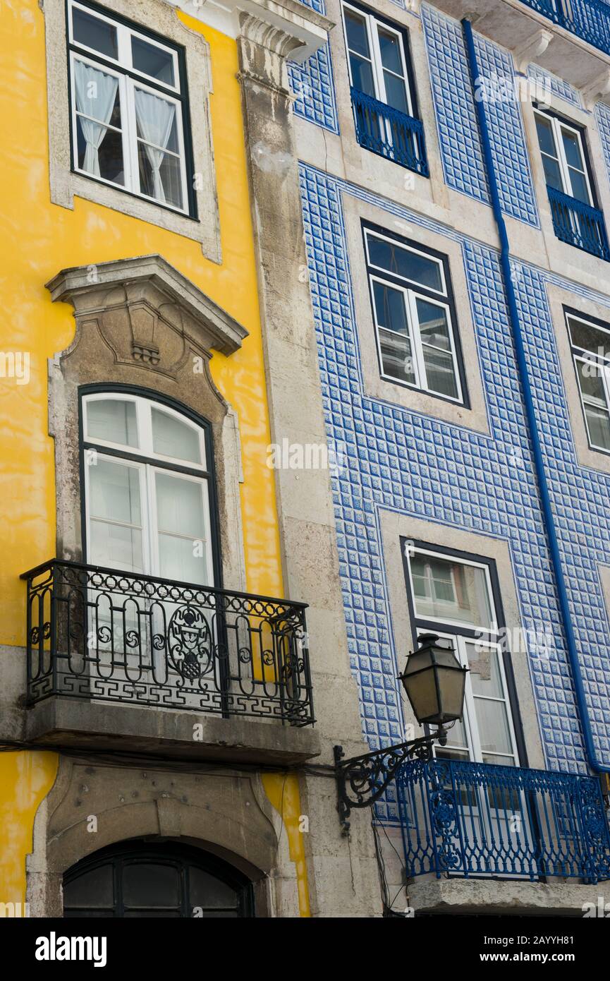 Street scene with a tiled house in the traditional Alfama, the old quarter of, Lisbon, the capital city of Portugal. Stock Photo