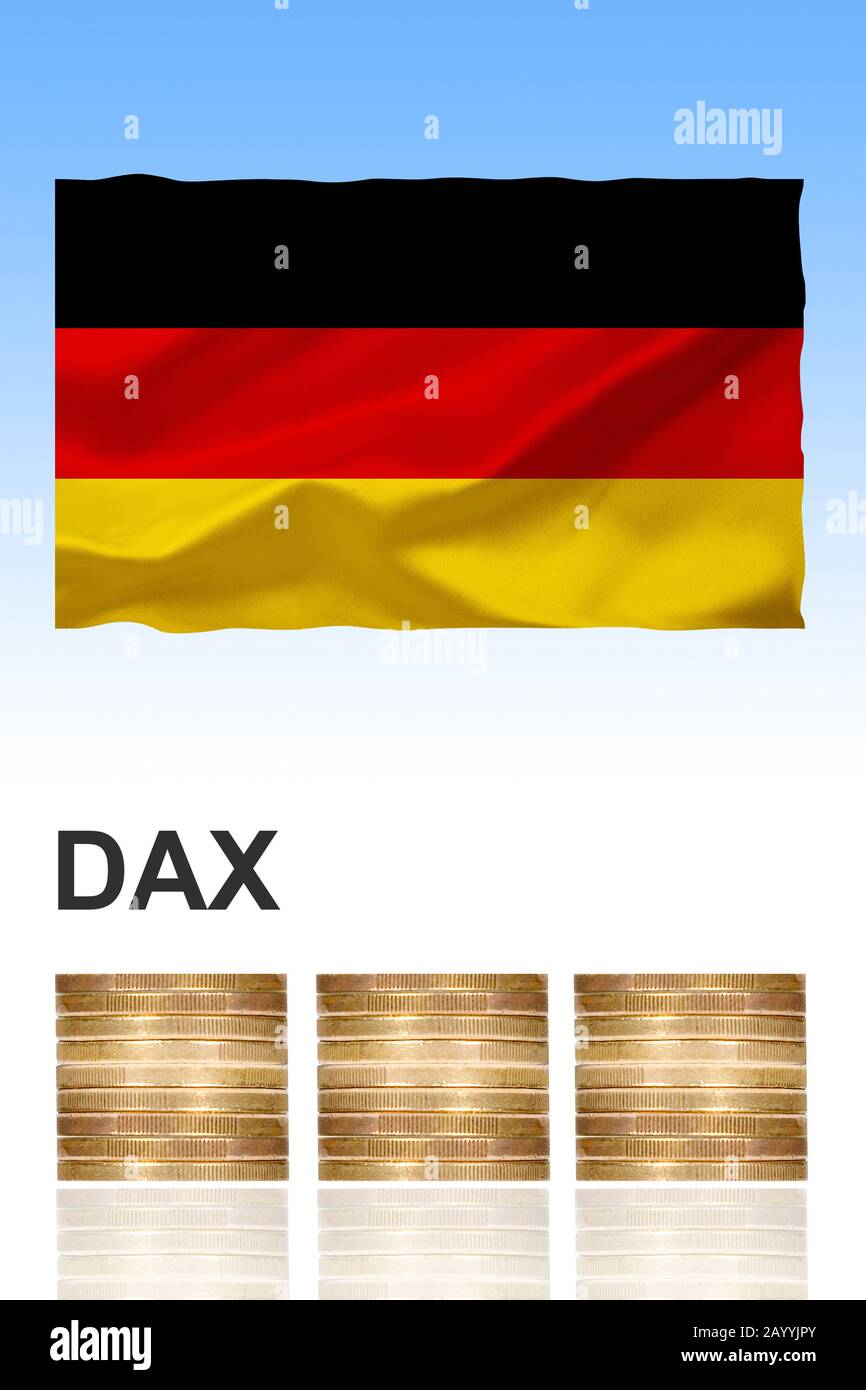 DAX, Deutscher Aktienindex, with stacked Euro coins and German flag, composing, Germany Stock Photo