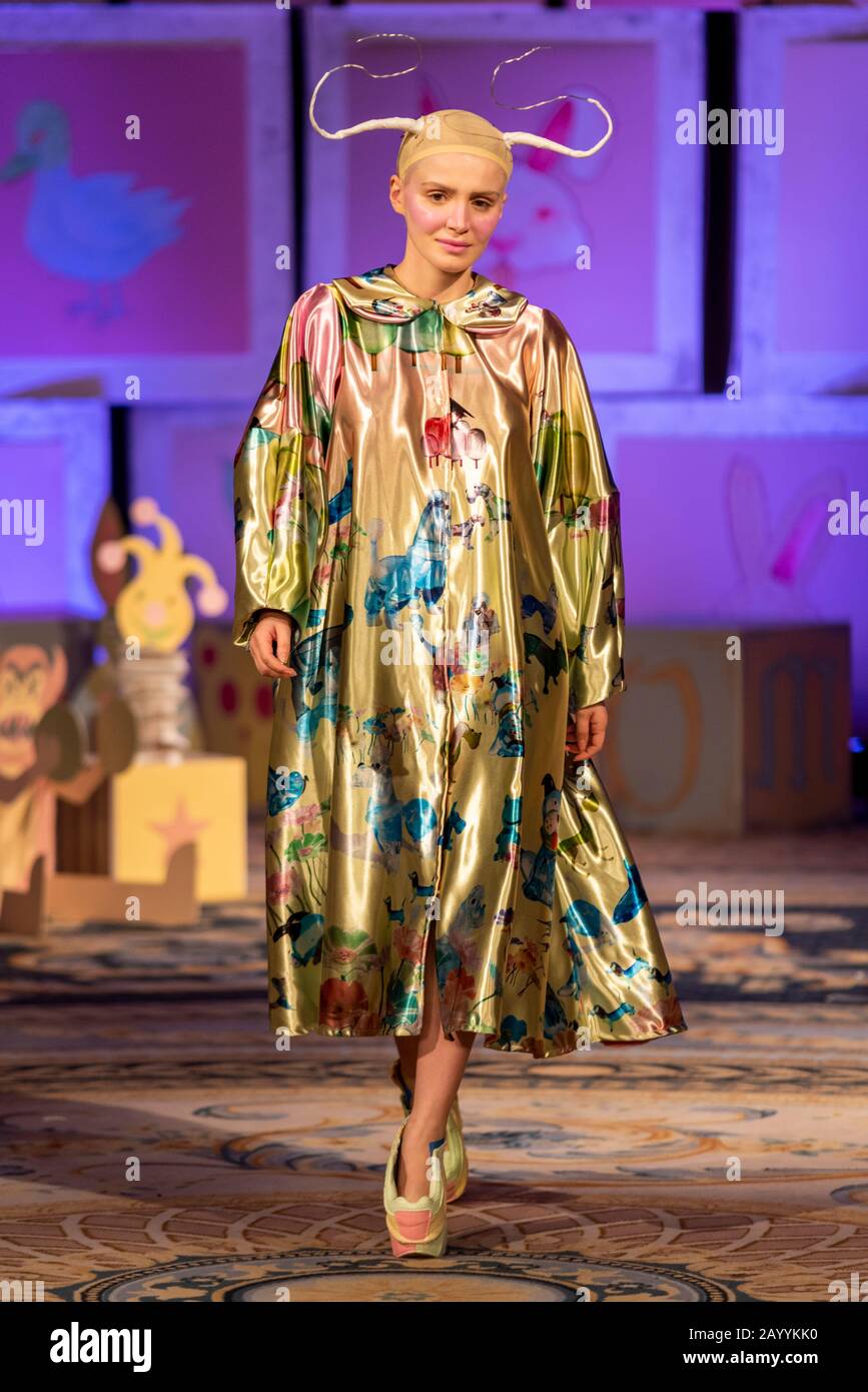 Vin and Omi London Fashion Week Resist AW20 show. Eco friendly clothing designed from recycled fabric and weeds from Highgrove estate. Model Stock Photo