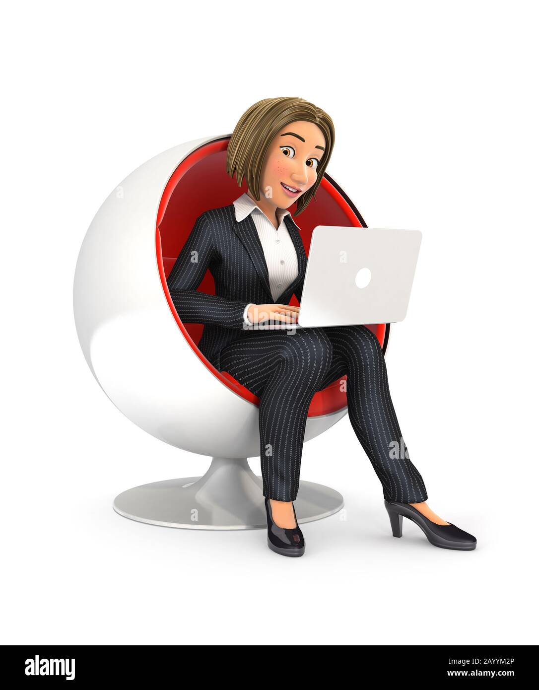 3d business woman sitting in round chair and using laptop, illustration with isolated white background Stock Photo