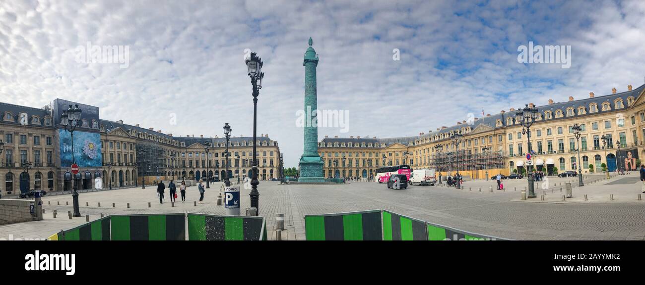 Paris, France - 05.24.2019: Place Vendôme in a cloudy day, blue sky and clouds in Paris, France. Stock Photo