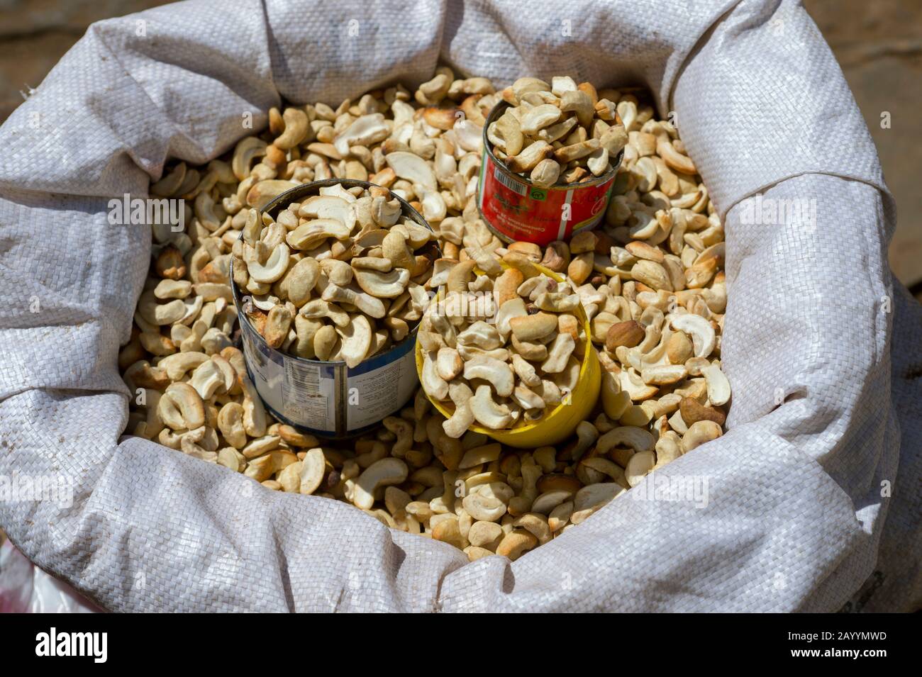 Cashew nuts for sale on market in Antsiranana (Diego Suarez), Madagascar. Stock Photo