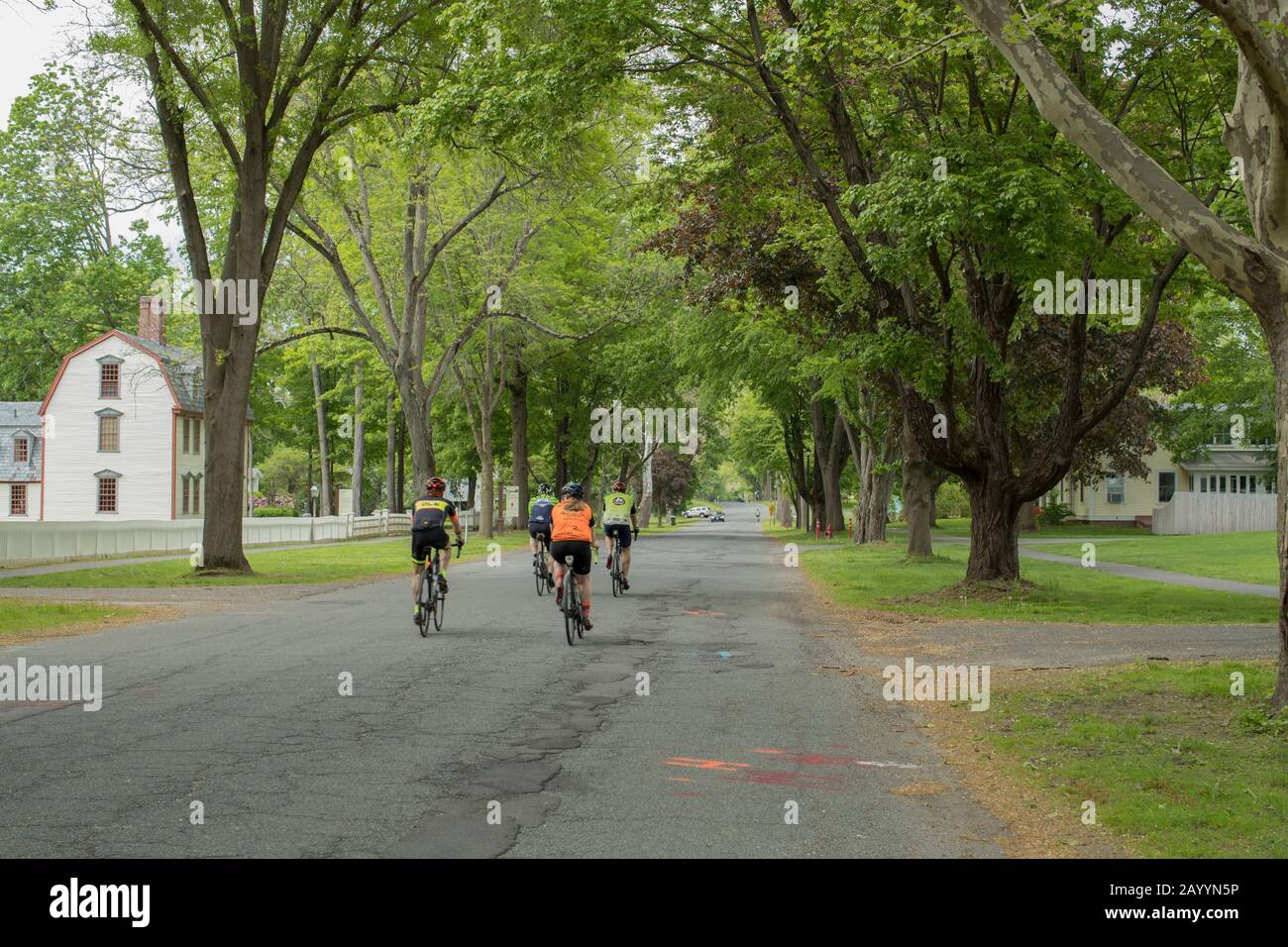 Out for a ride, Historic Deerfield, Massachusetts. Beautifully restored Downtown historic village in Western, Massachusetts. Pretty village, buildings. Stock Photo