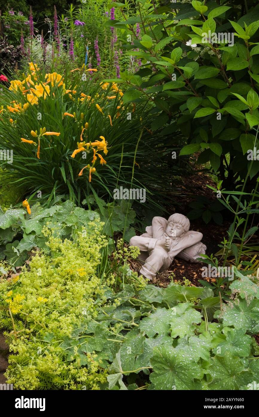 Young boy sleeping sculpture in border planted with Alchemilla mollis plants and yellow Hemerocallis - Daylily flowers in front yard estate garden. Stock Photo
