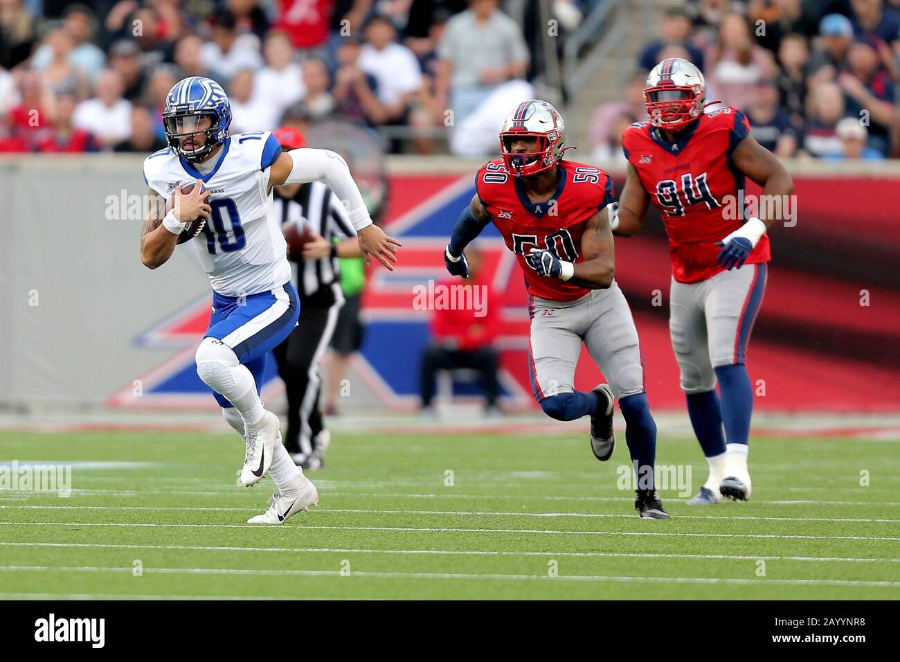 February 16, 2020: Houston Roughnecks linebacker DeMarquis Gates (47)  celebrates after making a sack during the 2nd quarter of an XFL football  game between the St. Louis Battlehawks and the Houston Roughnecks