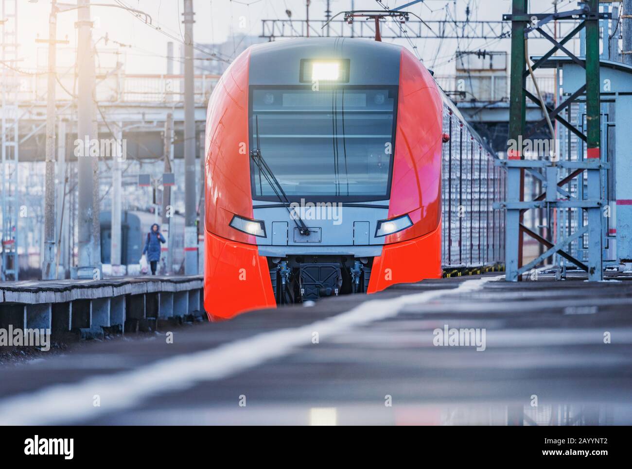 Highspeed train approaches to the station platform at evening time. Moscow. Russia Stock Photo ...