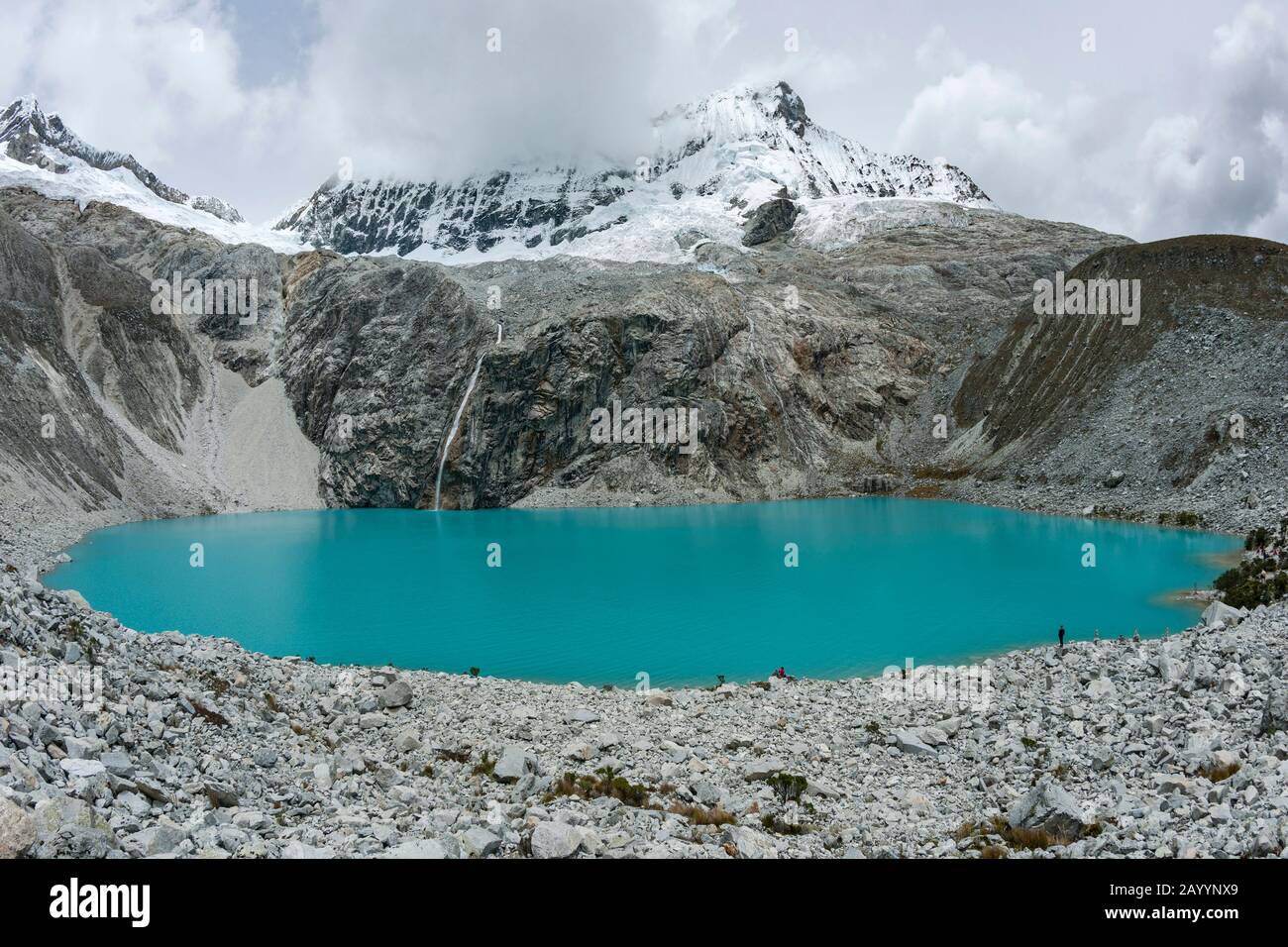 View of Laguna 69 in the Cordillera Blanca mountain range near Huaraz in northern Peru. Stock Photo