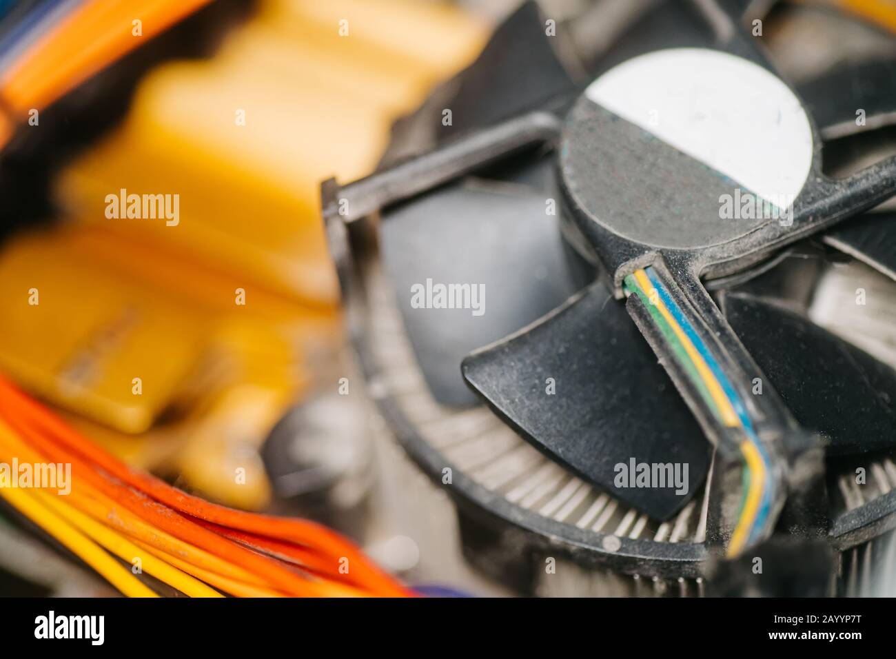 Cooler on computer graphics card. Dust-covered parts of system block. old graphics card. Stock Photo