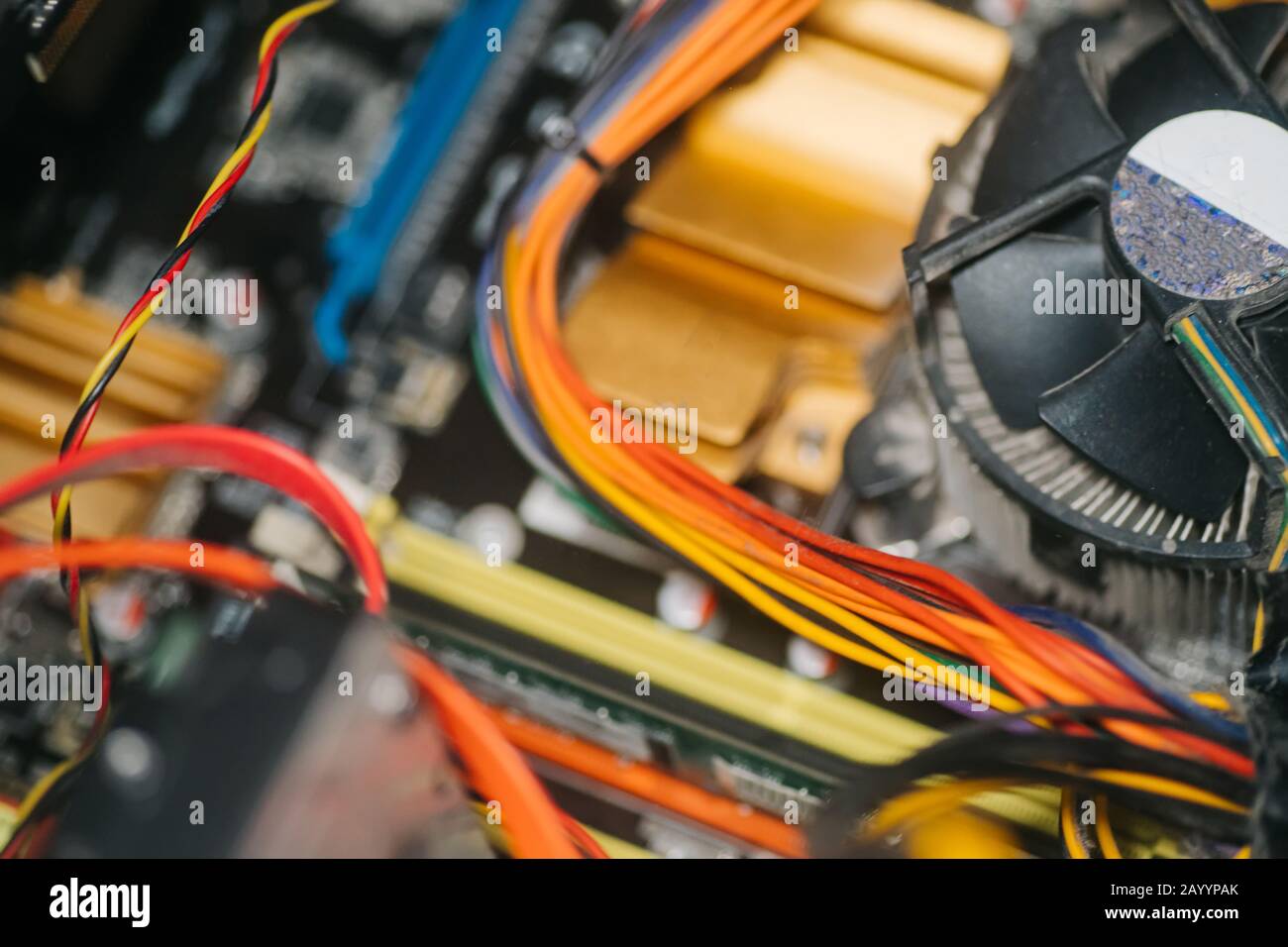 Cooler on computer graphics card. Dust-covered parts of system block. old graphics card. Stock Photo