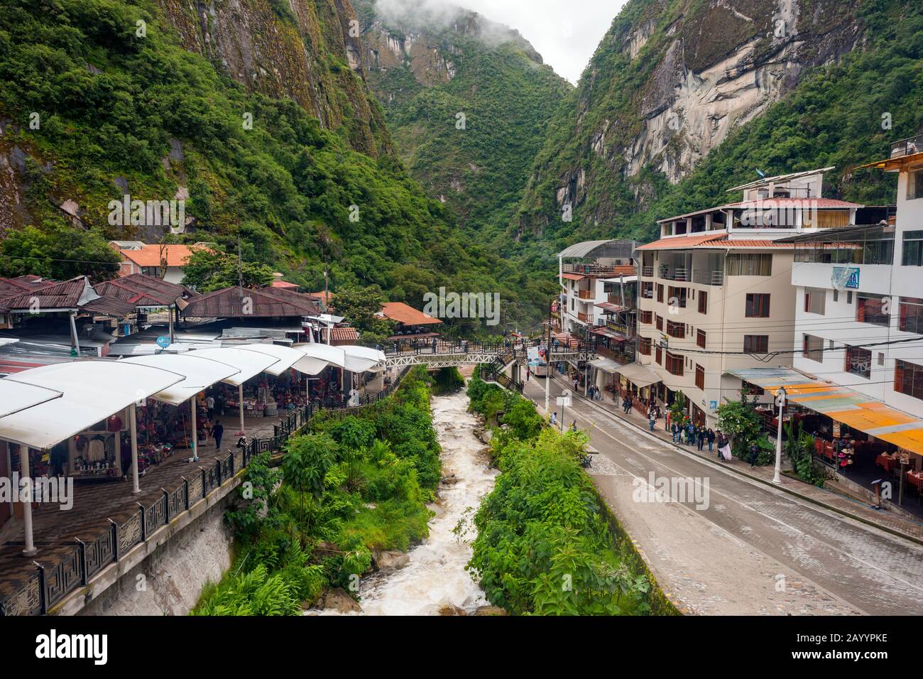 Aguas Calientes village, the nearest village to Machu Picchu in Peru. Stock Photo